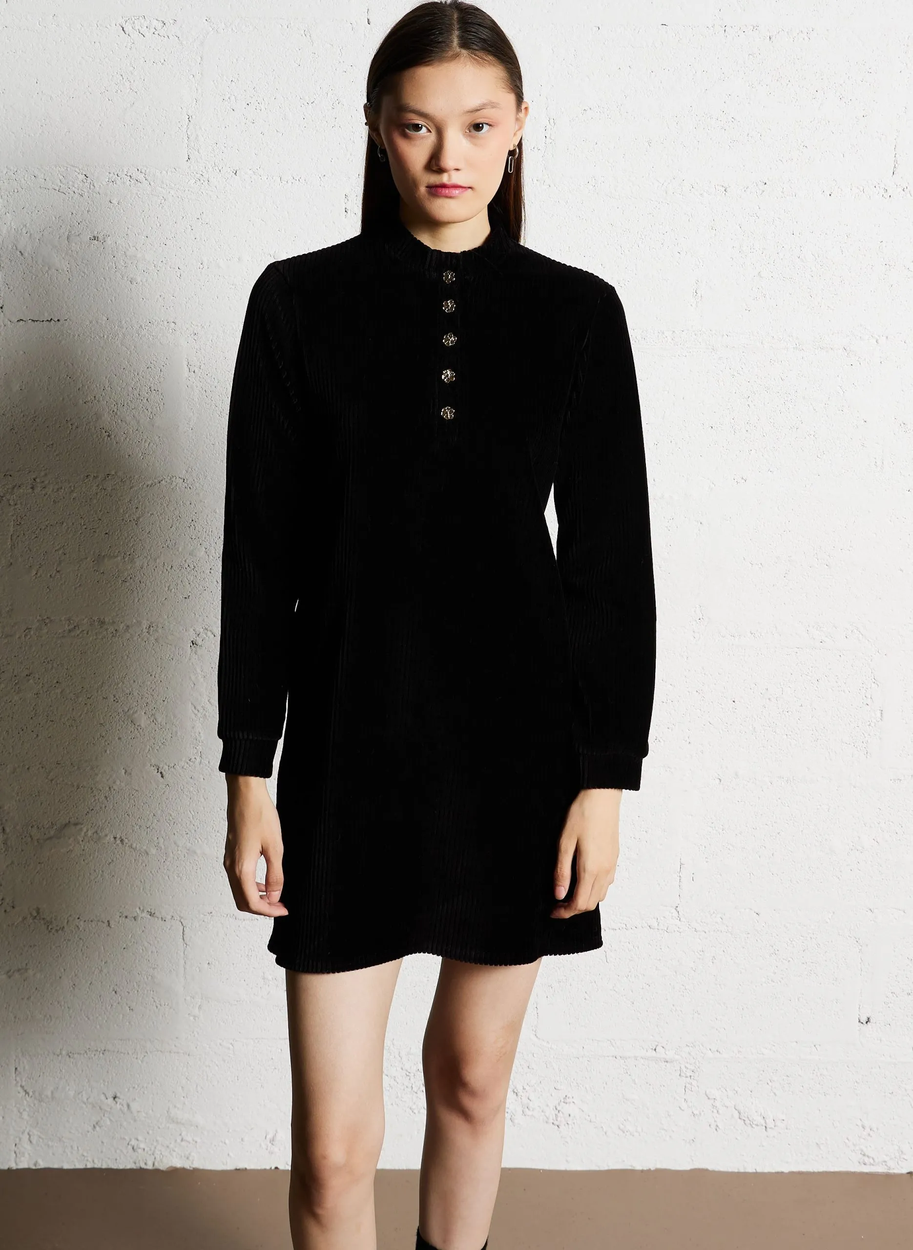 Robe col rond à boutons fantaisies en coton mélangé Noir