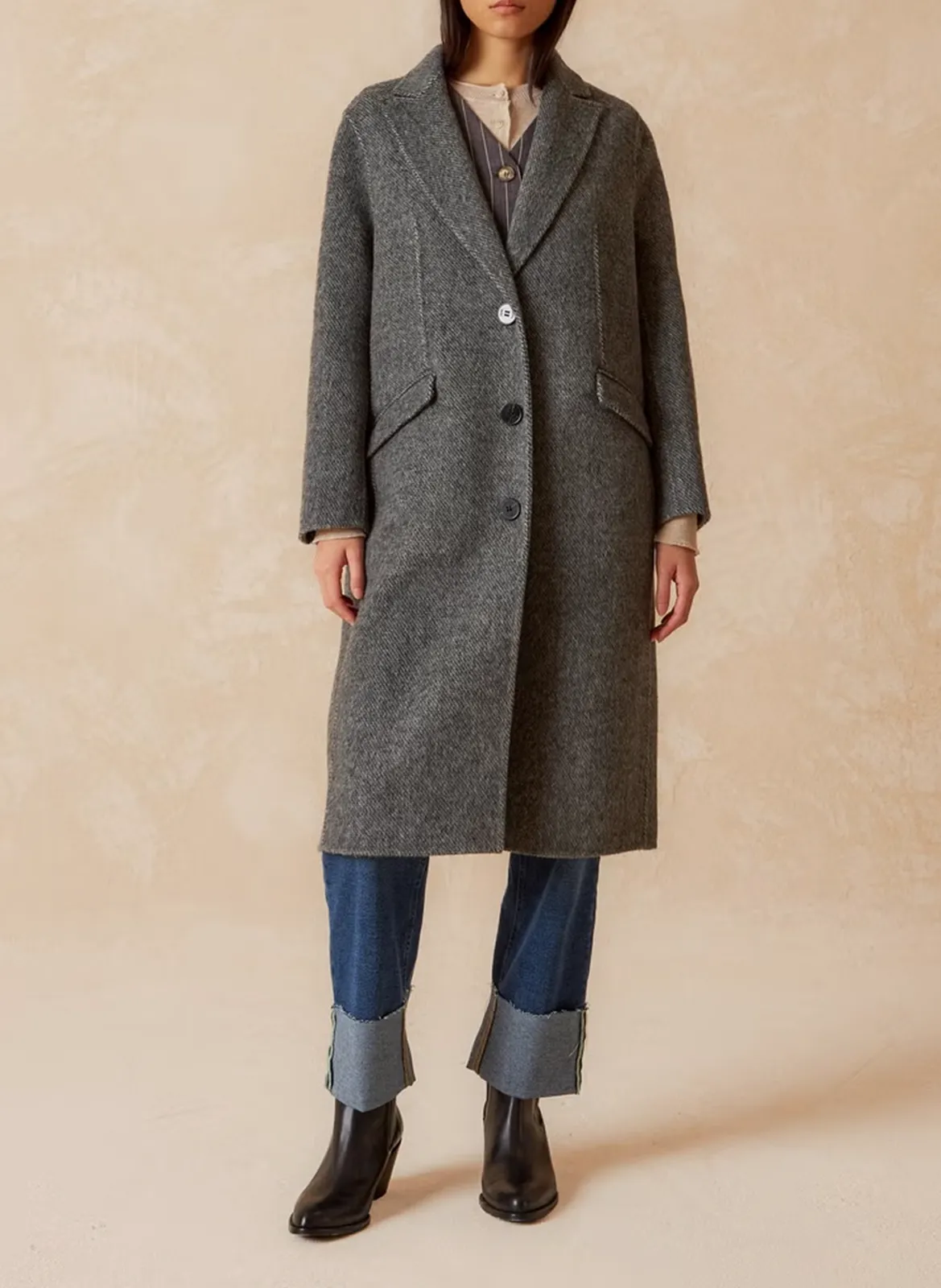 Manteau ample col tailleur en laine et alpaga mélangé Argent