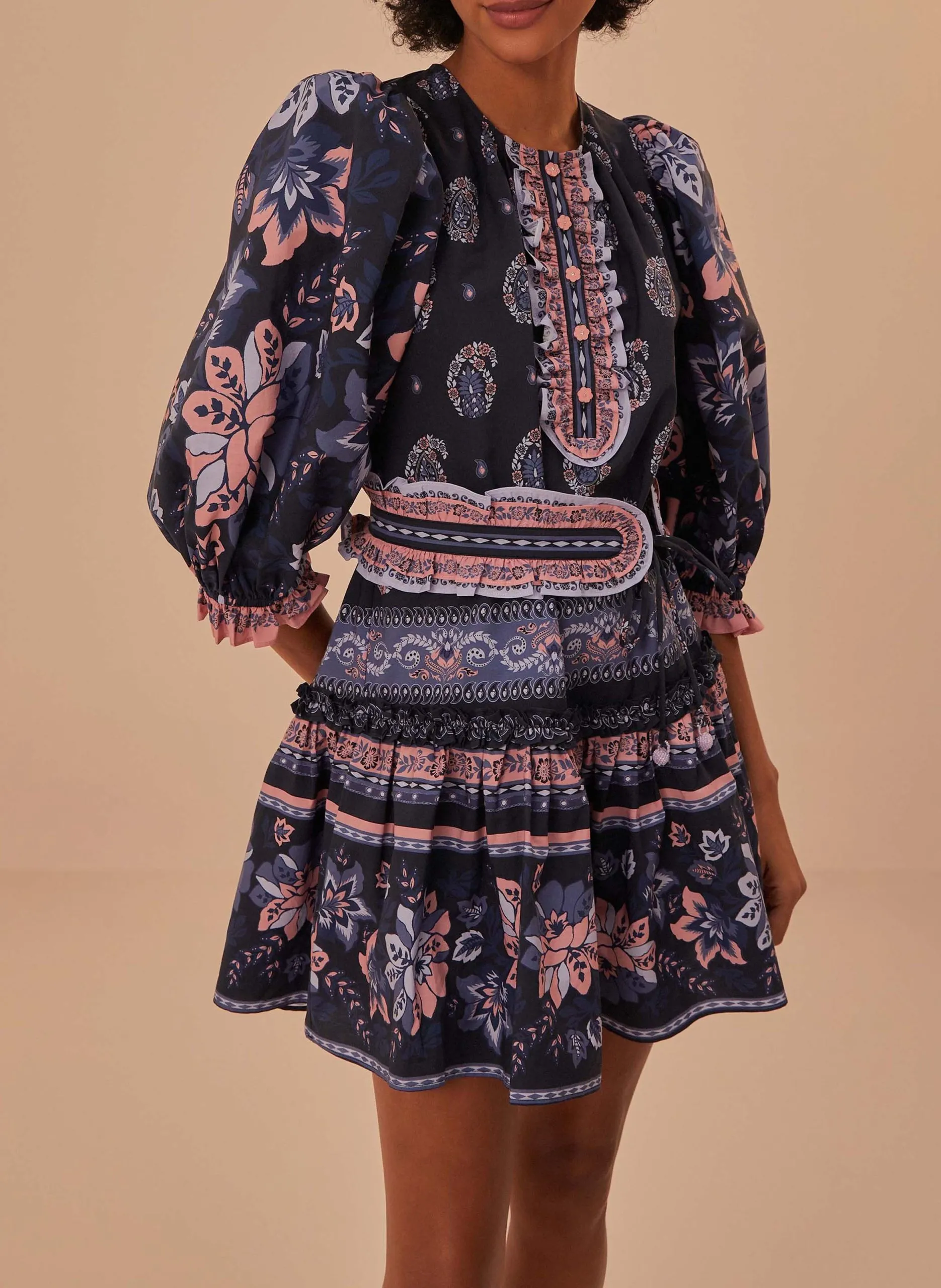 Robe courte en coton imprimé Bleu