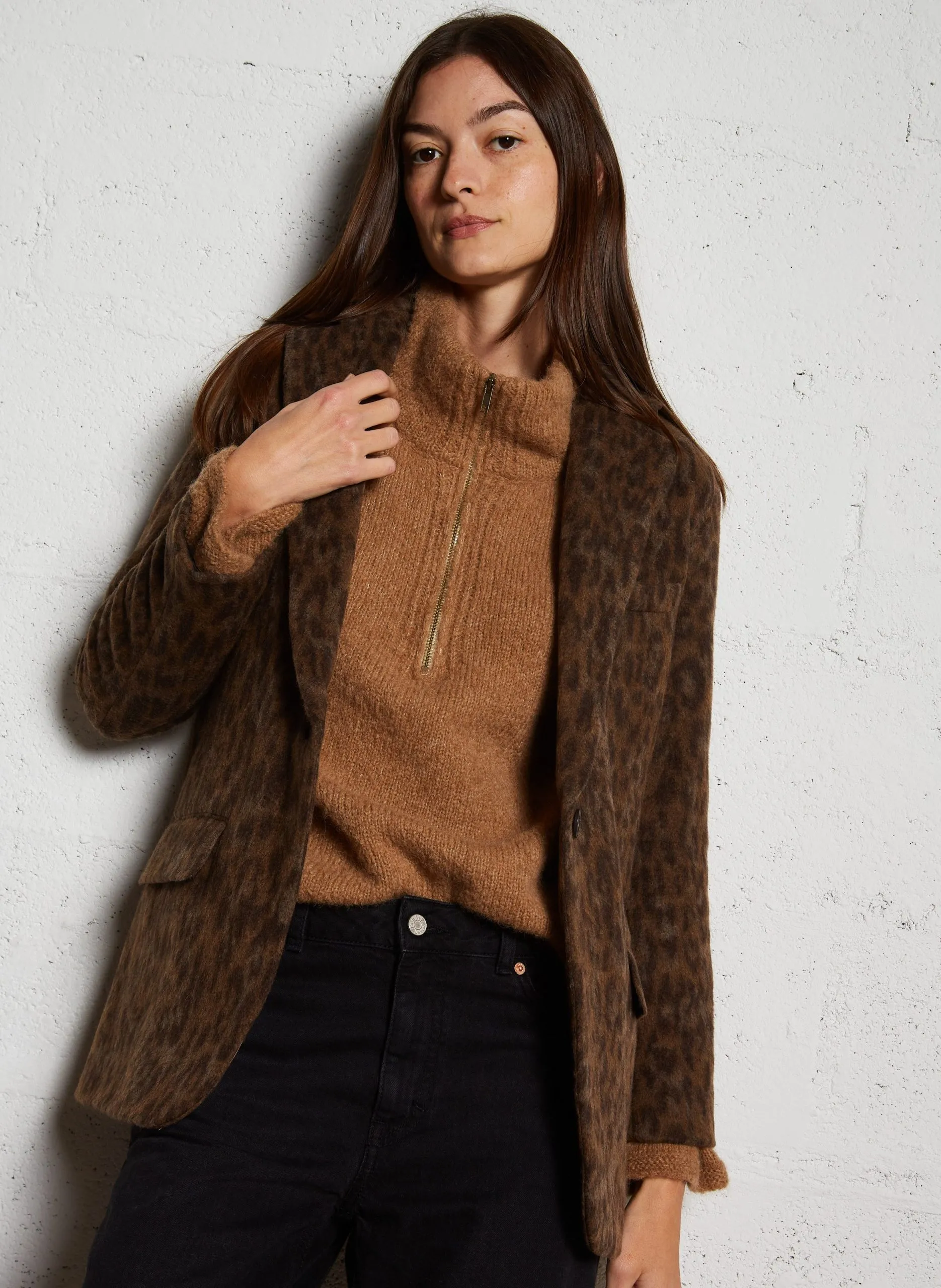 Veste de tailleur imprimée en laine mélangée Marron VITTORIO