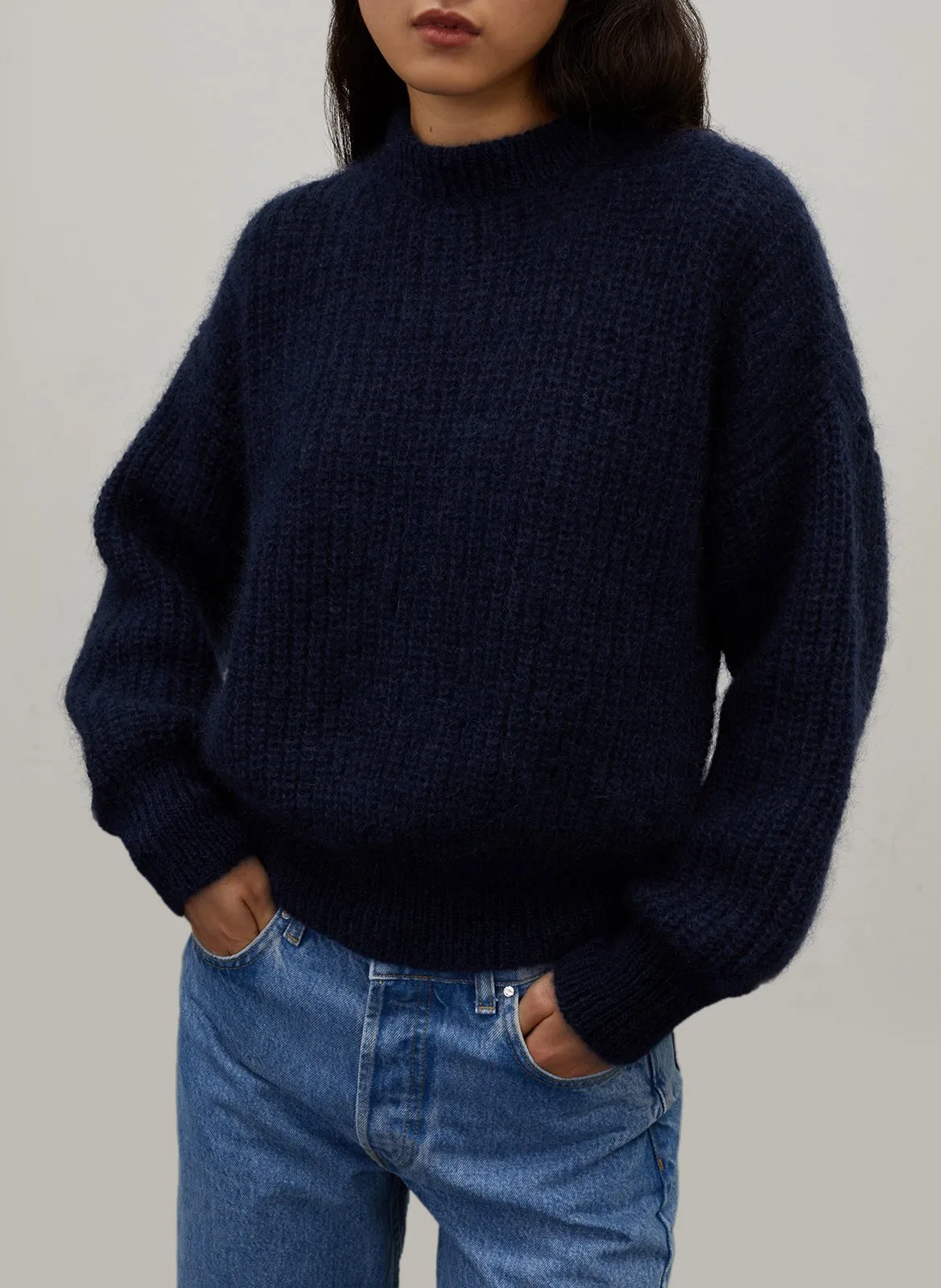 Pull col rond en laine mélangée Bleu GRACE