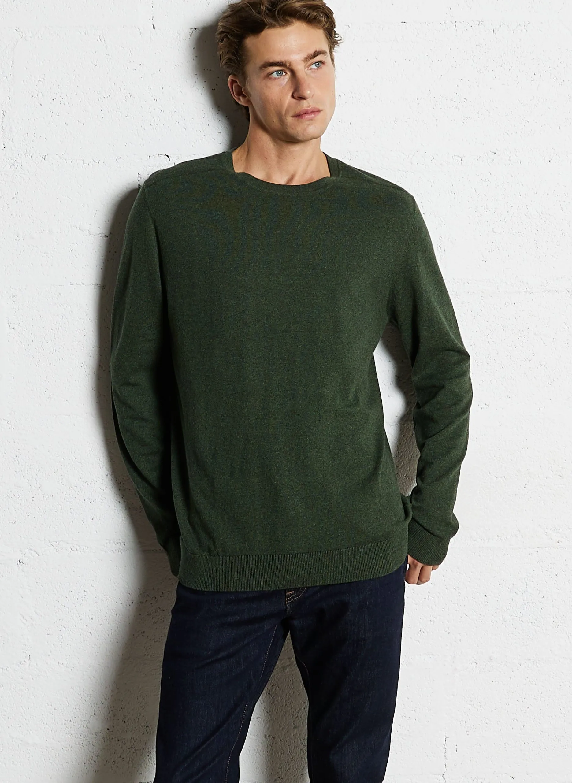 Pull col rond regular-fit en coton Vert