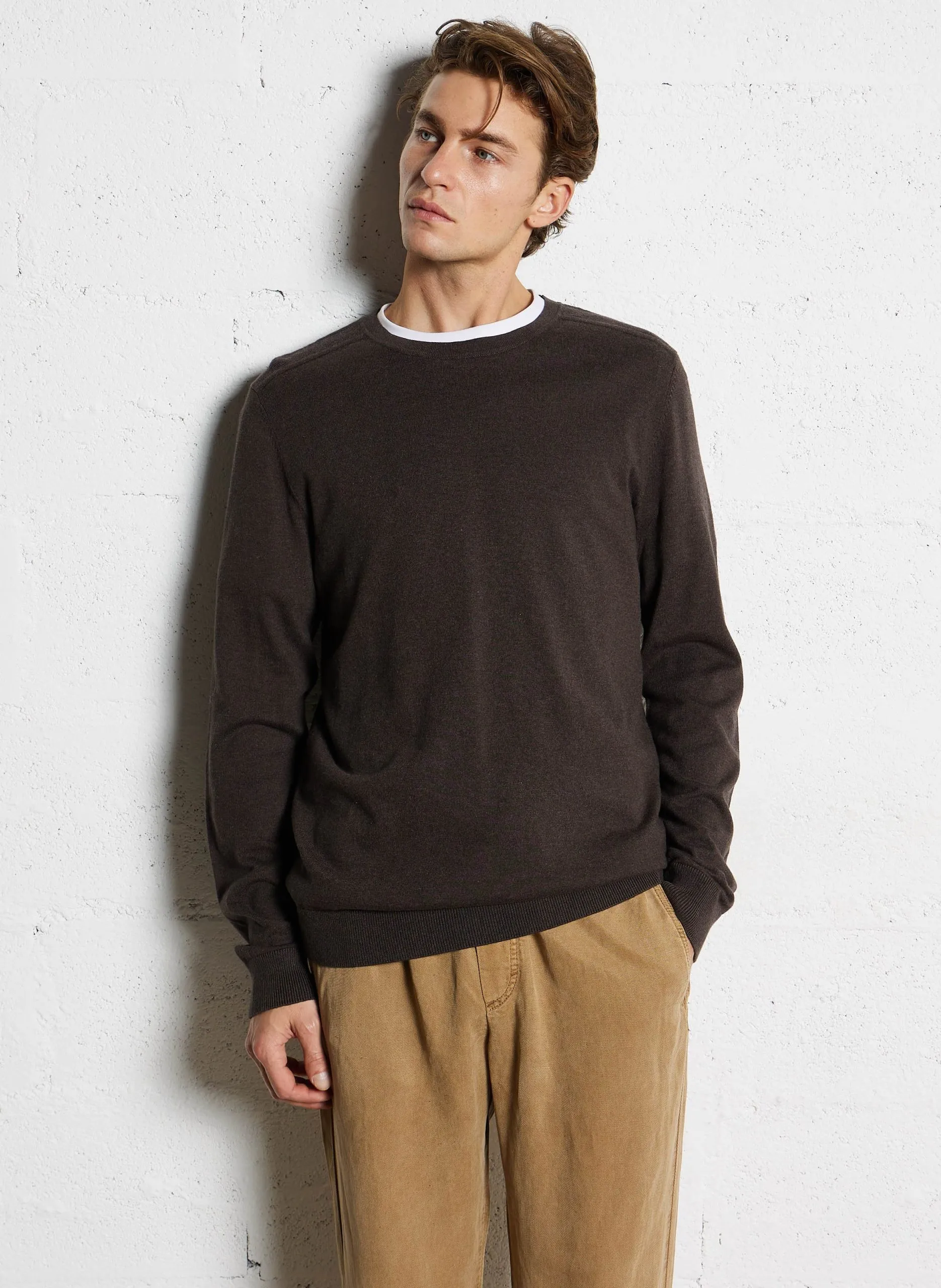 Pull col rond regular-fit en coton Marron