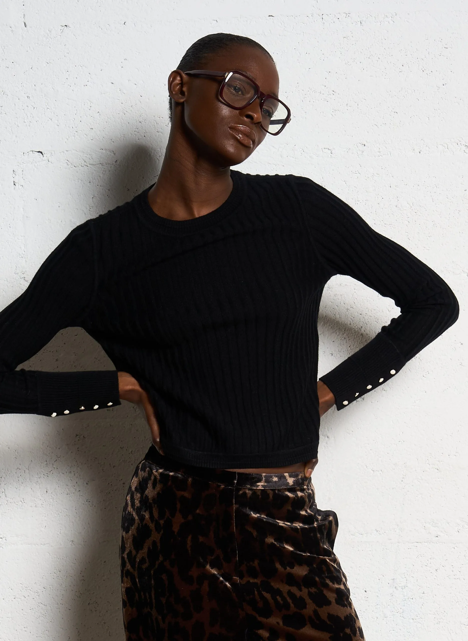 Pull côtelé en laine mélangée Noir JINIE