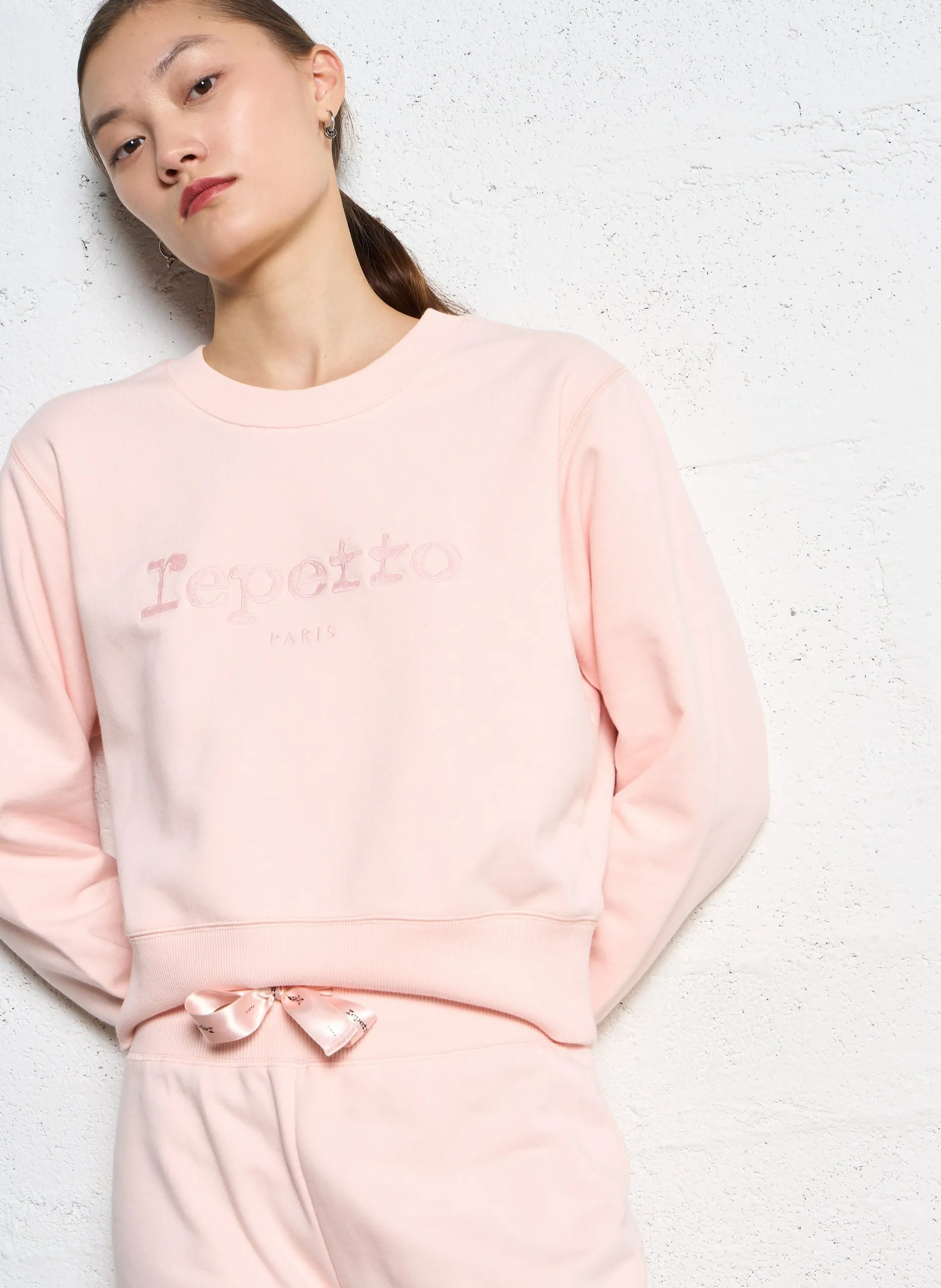 Sweatshirt col rond en coton brodé Rose