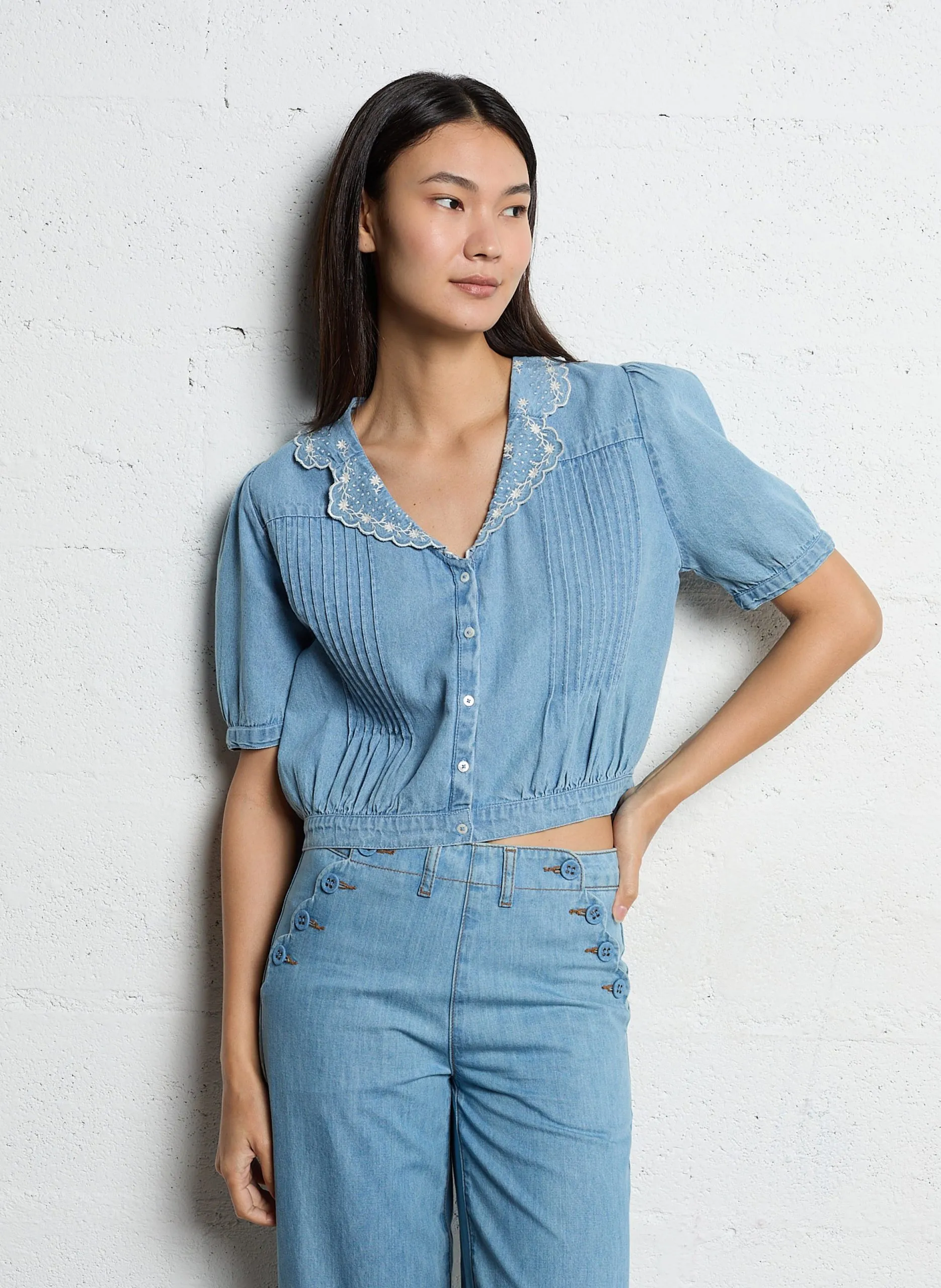 Blouse col à revers en coton Bleu