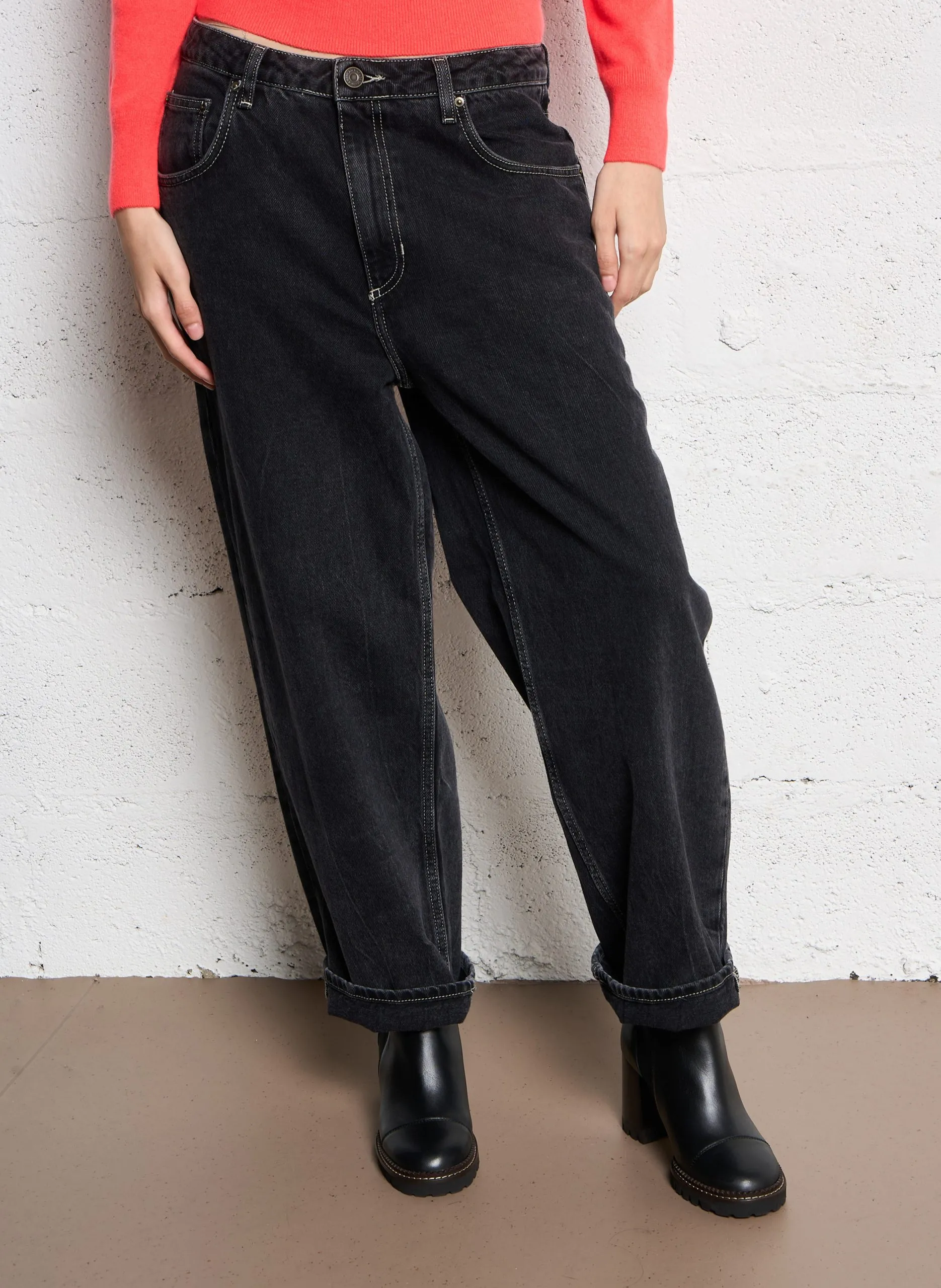 Jean droit taille haute en coton Noir YOPDAY-B