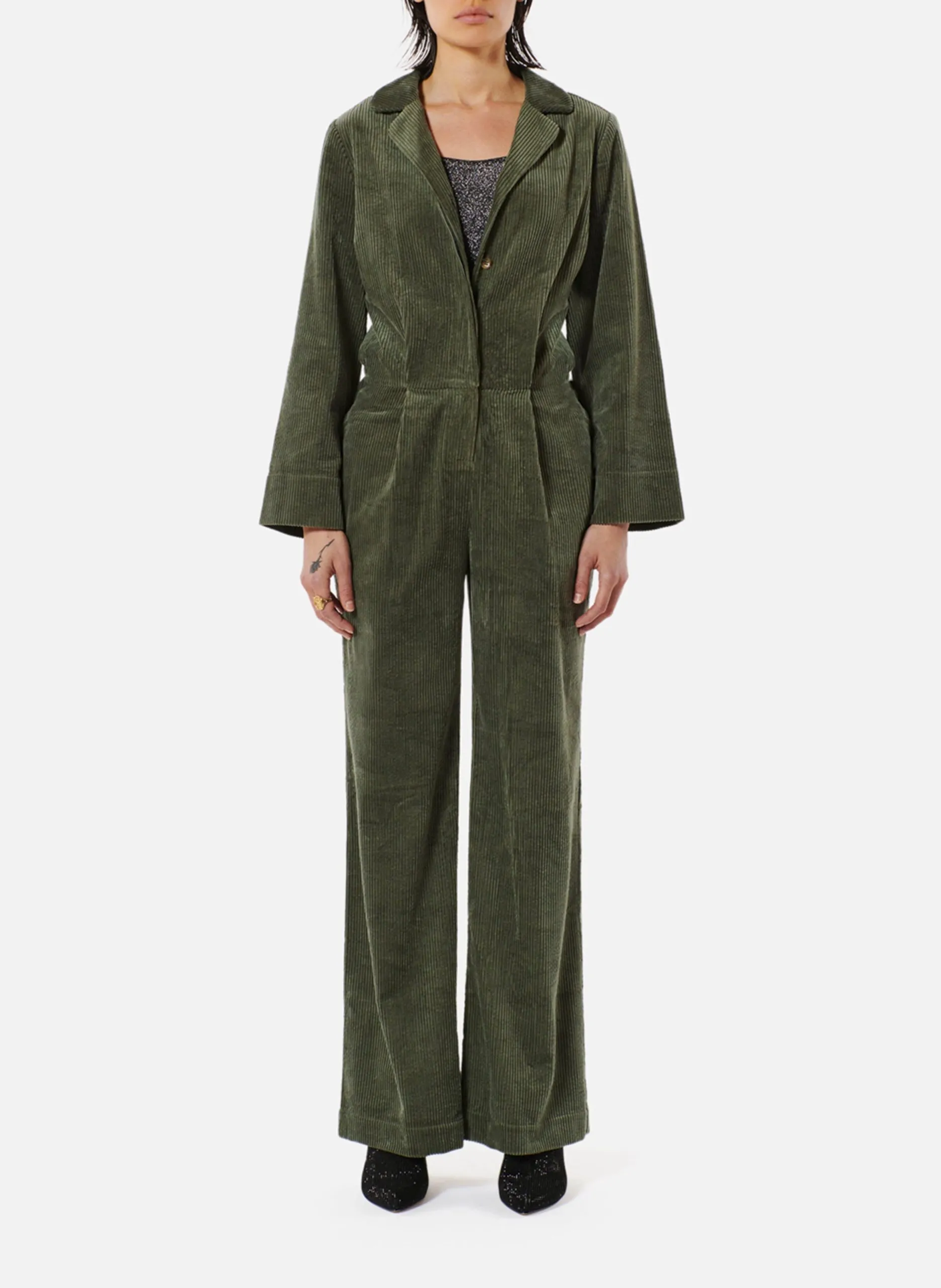 Combinaison droite col classique en coton côtelé Vert LUZE