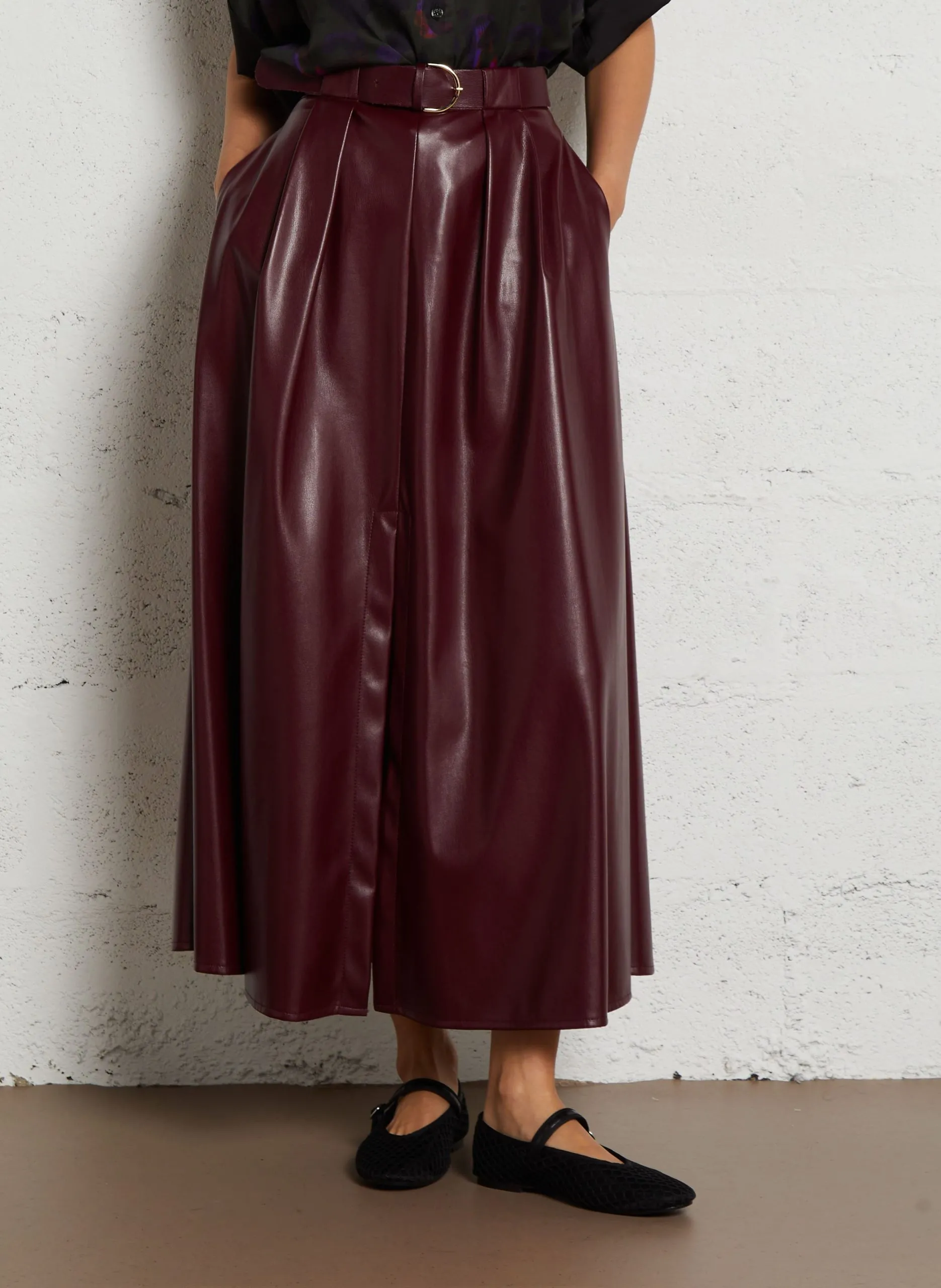 Jupe midi évasée effet cuir Rouge