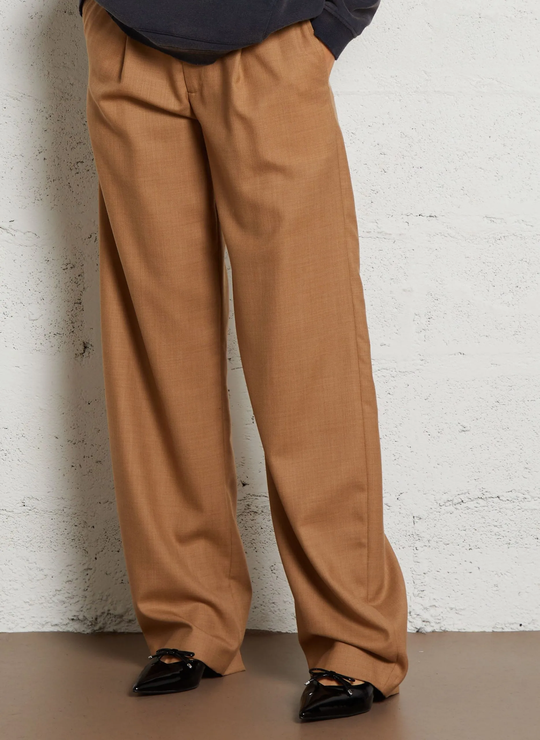 Pantalon large à pinces en laine mélangée Marron CESARE