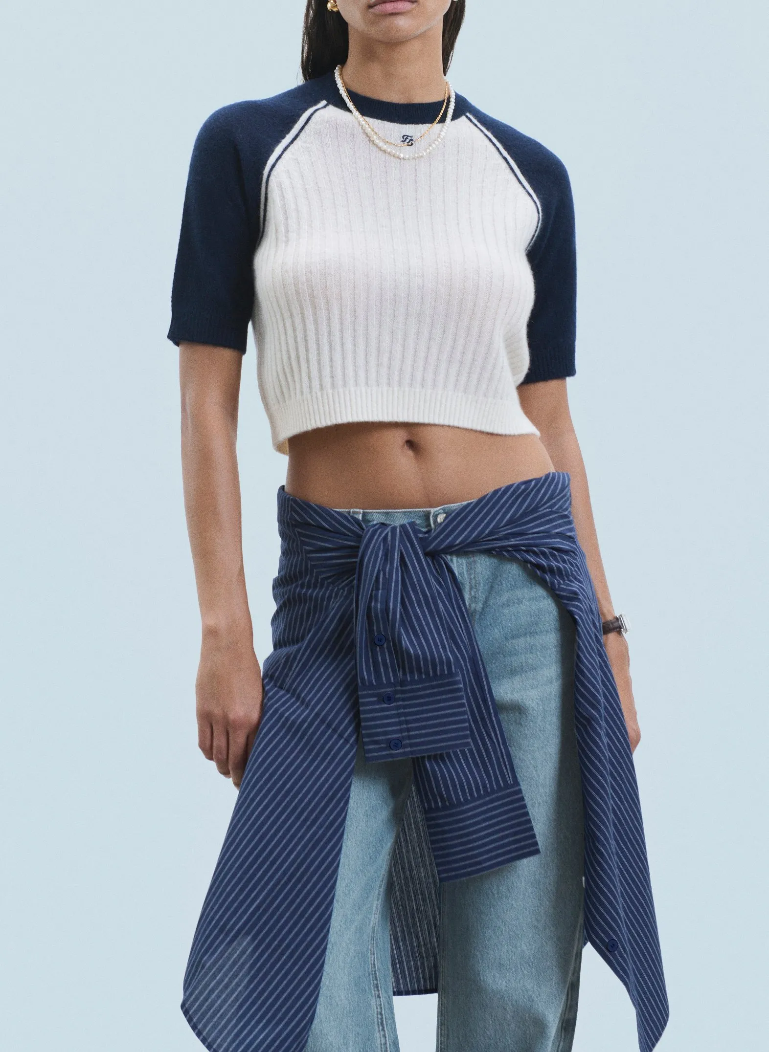 Pull court manches courtes en cachemire Beige