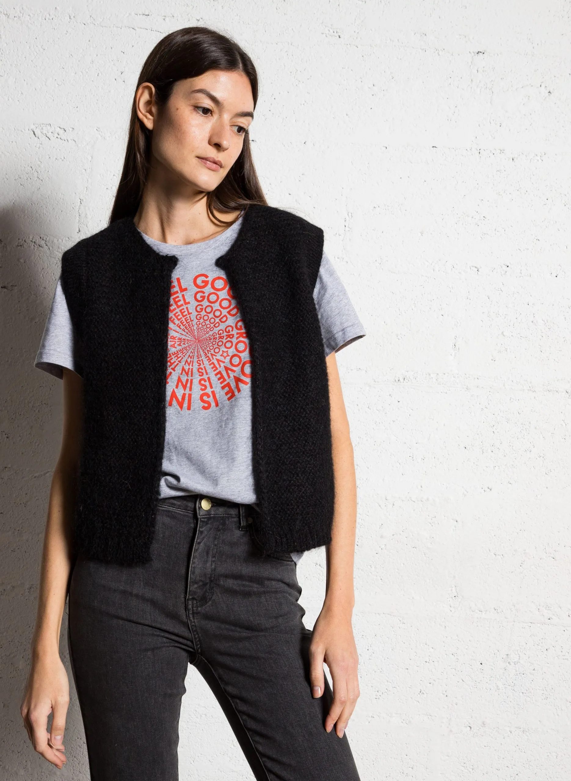 Gilet col rond droit en maille Noir GOTANAX