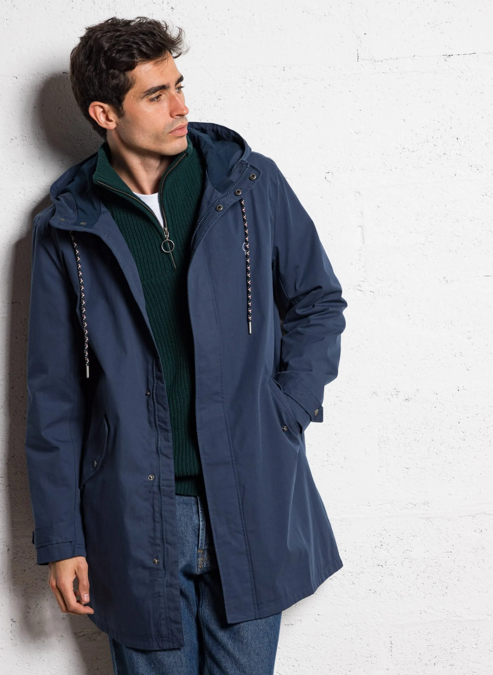 Imperméable droit col montant en coton mélngé Bleu GRESIGNE