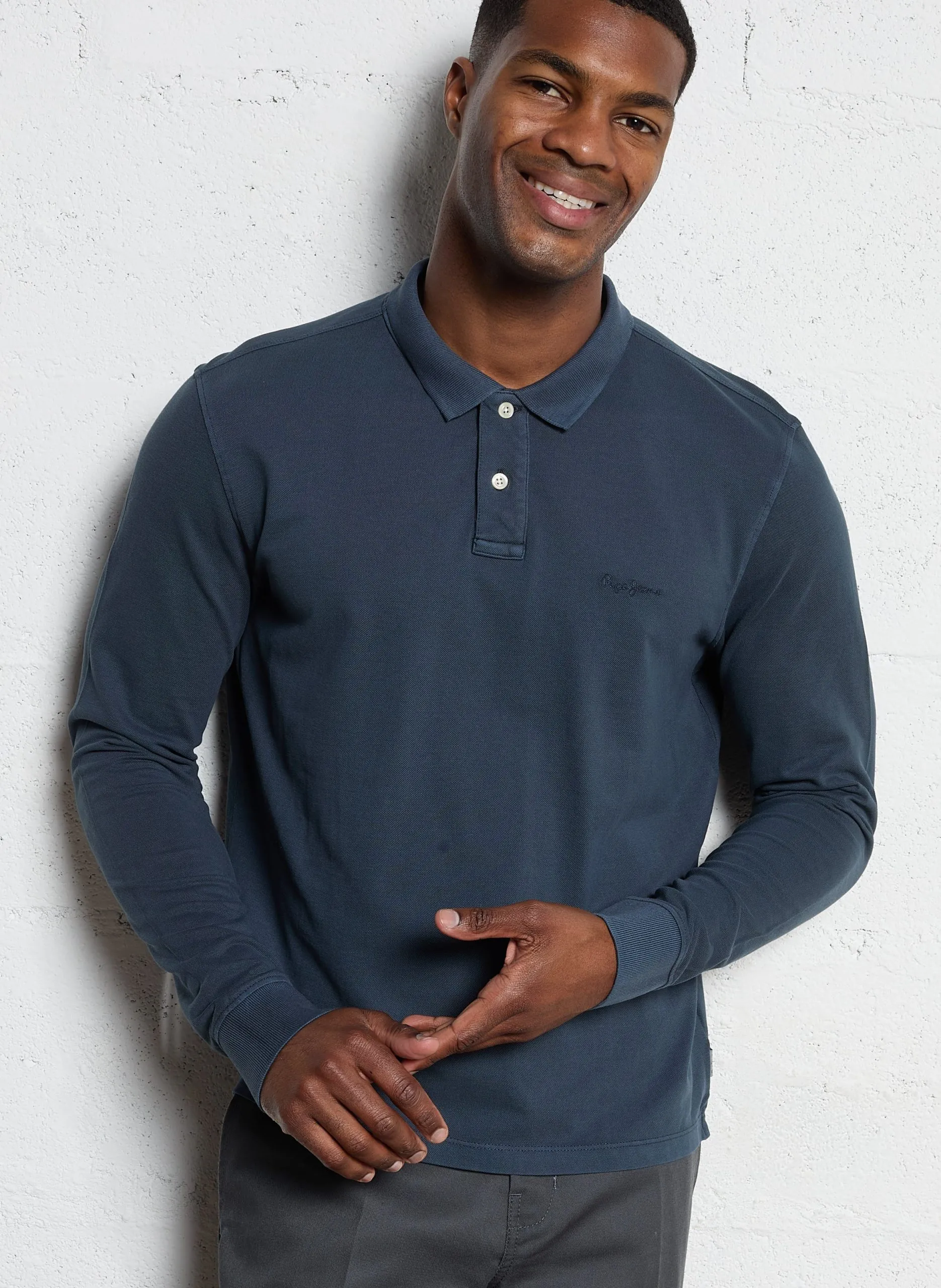 Polo manches longues en coton Bleu