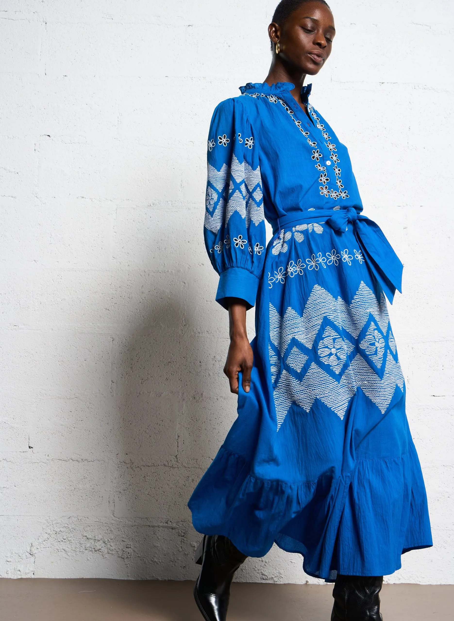 Robe longues col rond en coton Bleu TOLEDE