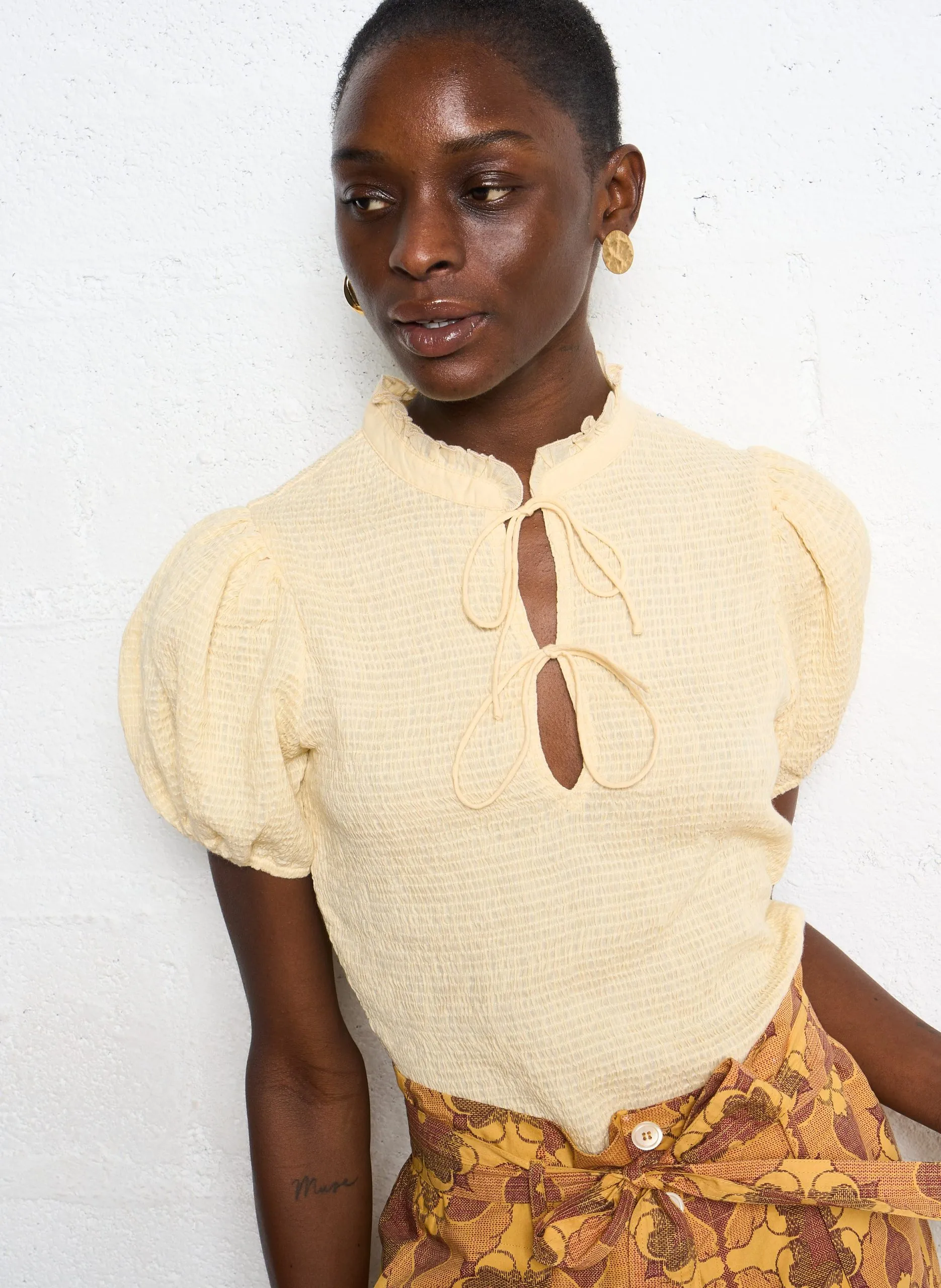 Blouse col rond en coton smocké Blanc ANGELO