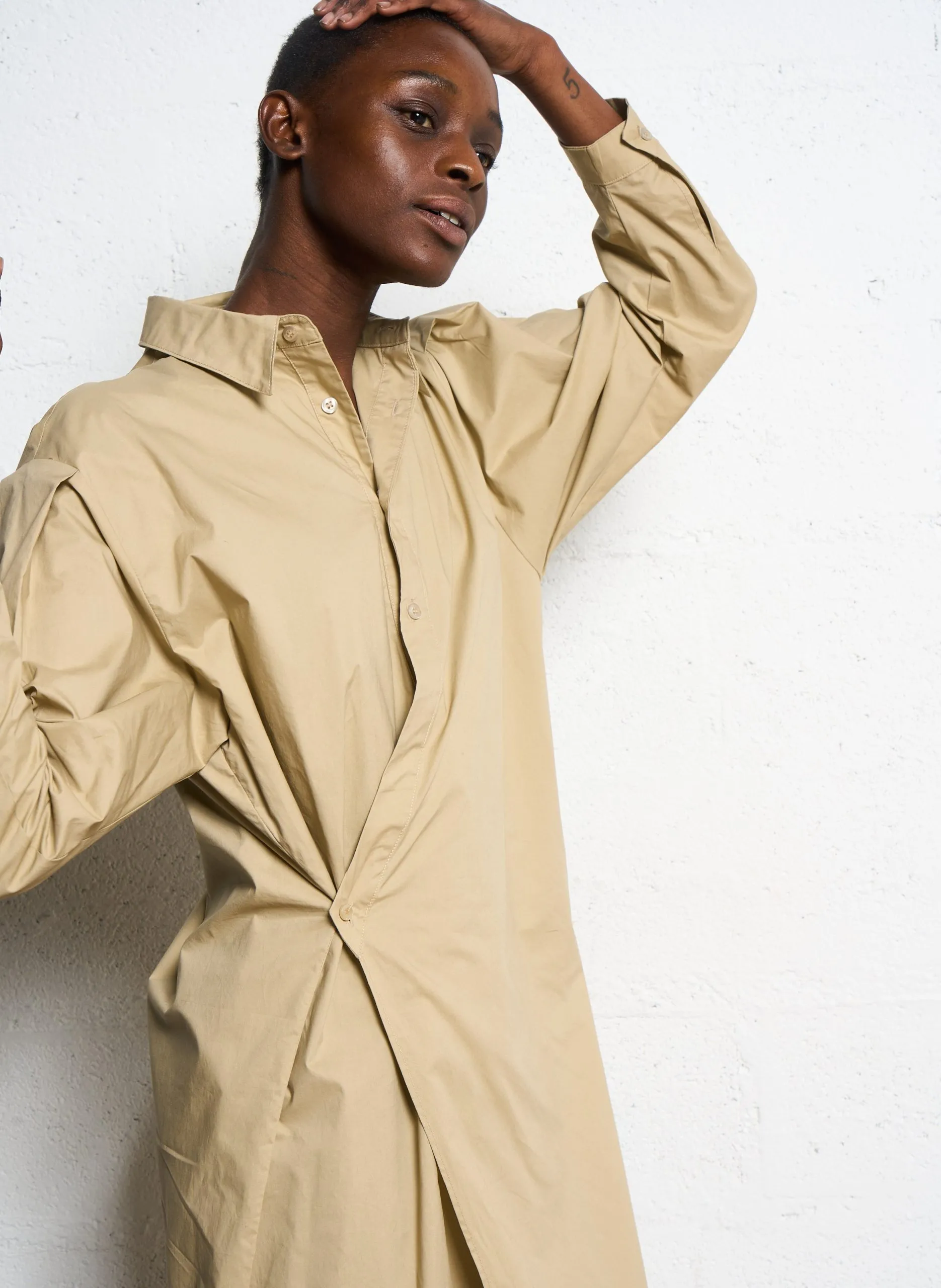 Robe longue portefeuille en coton Beige LARISSA