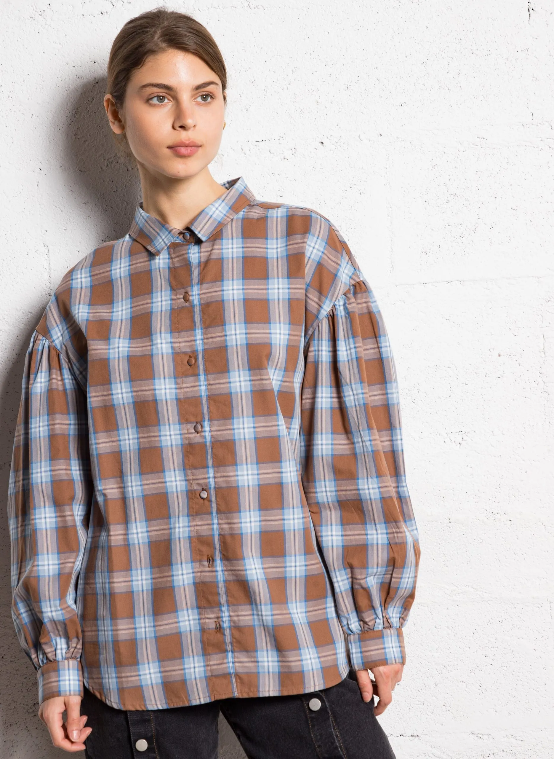 Chemise droite à carreaux Marron