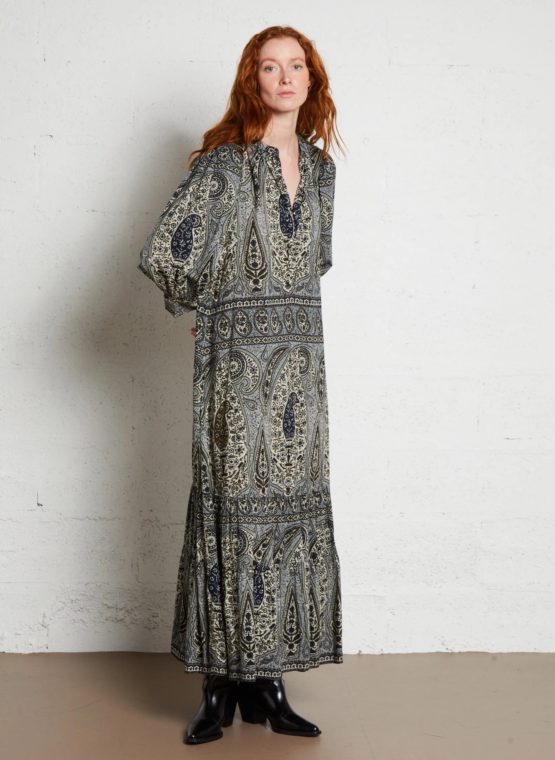 Robe longue imprimée en coton Noir TAYA