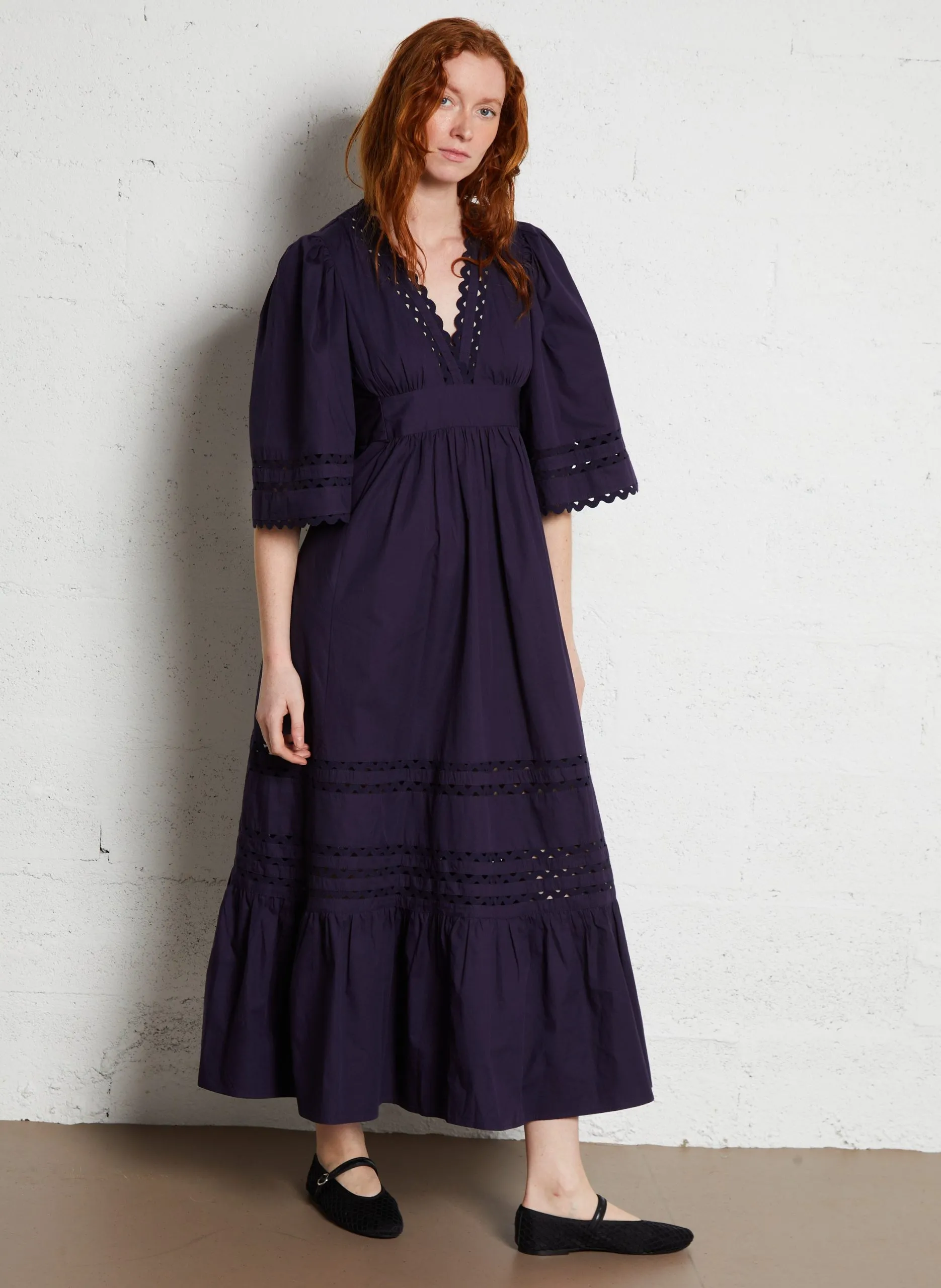 Robe longue à dentelle en coton Bleu ROMIE