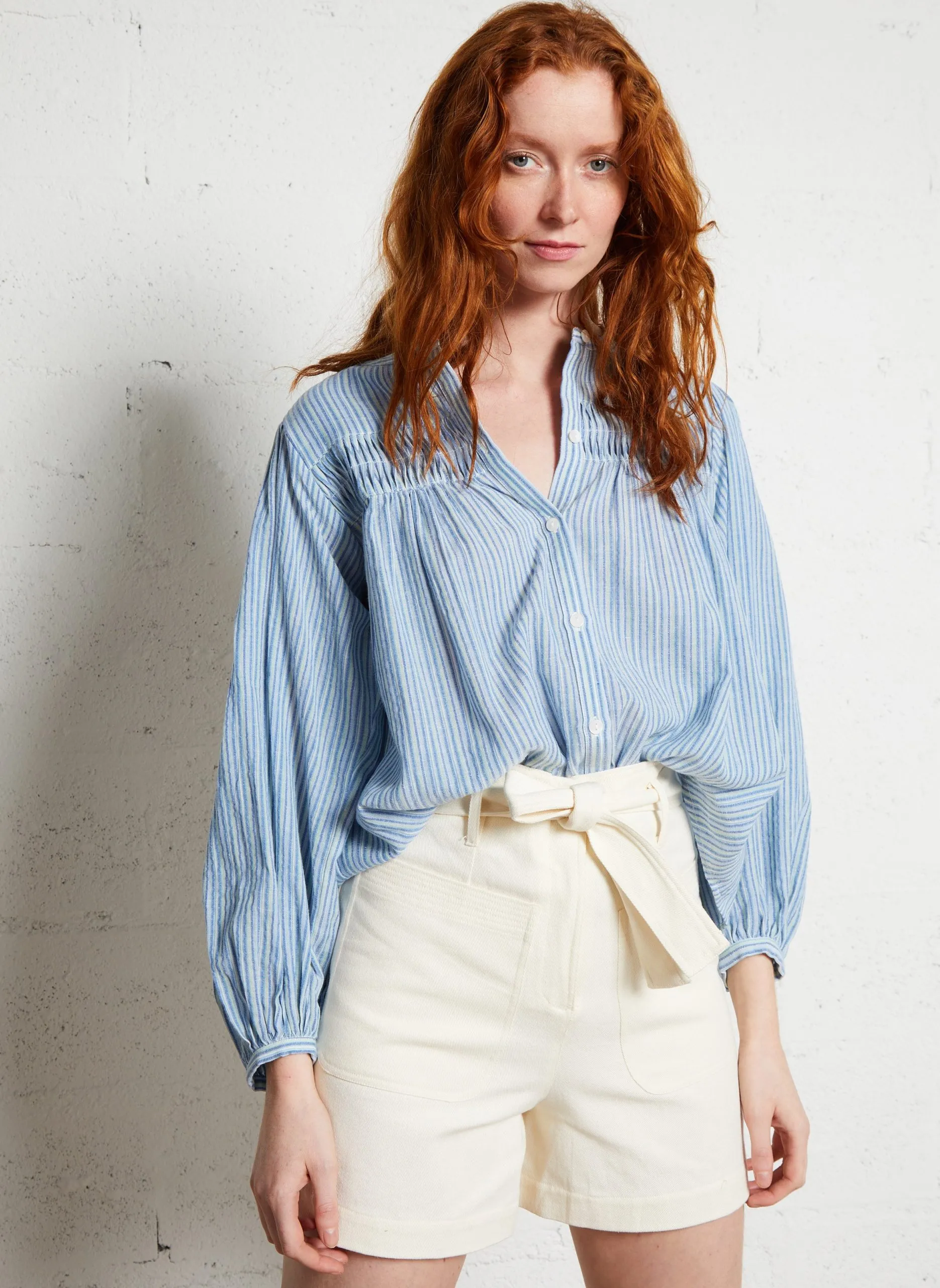 Blouse col rond rayé en coton organique Bleu JALLY