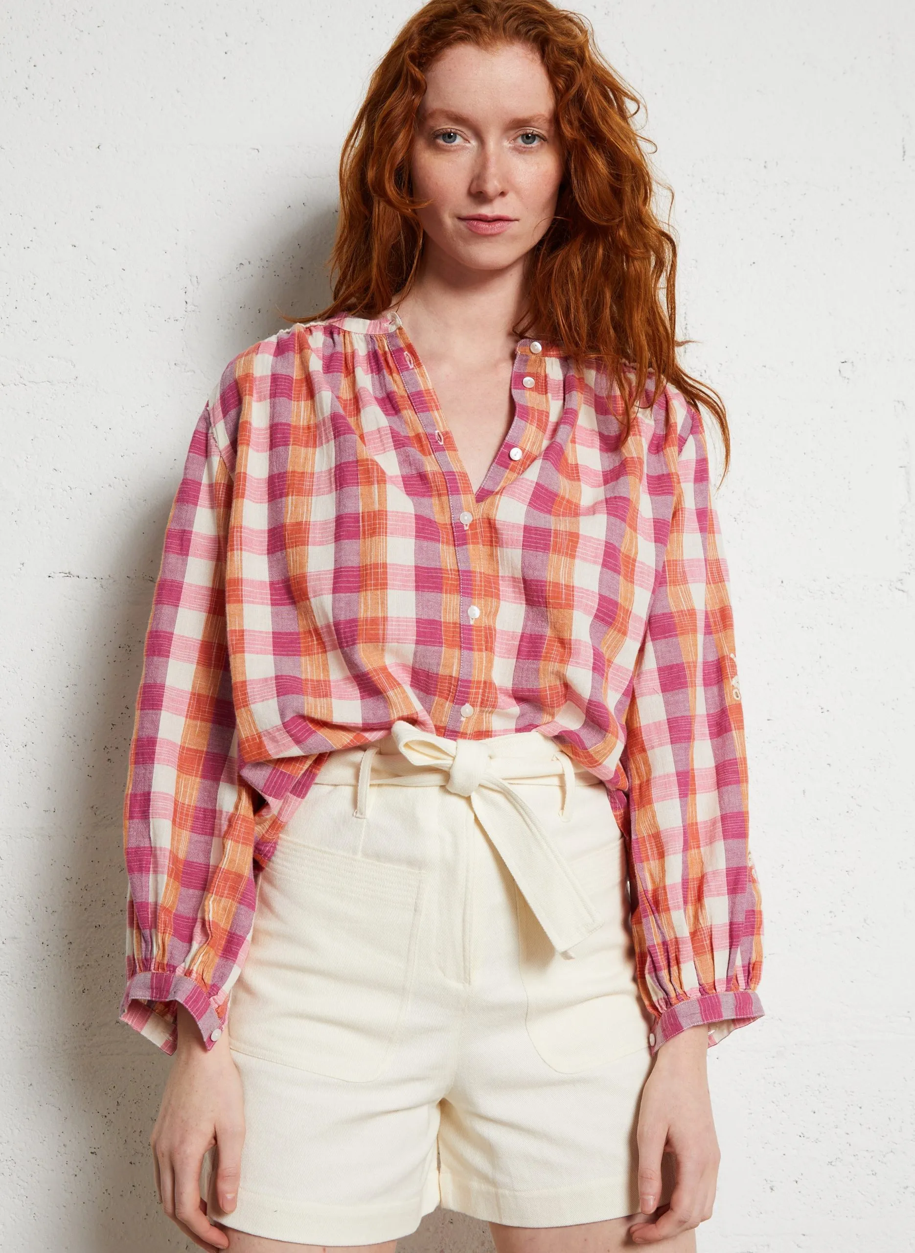 Chemise ample à carreaux en coton bio Beige JEANNE