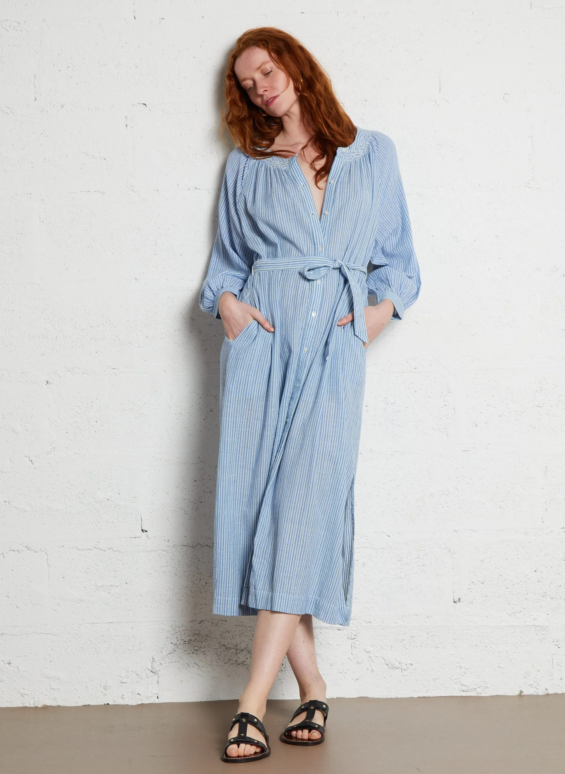 Robe midi col rond rayée en coton organique Bleu CILONA