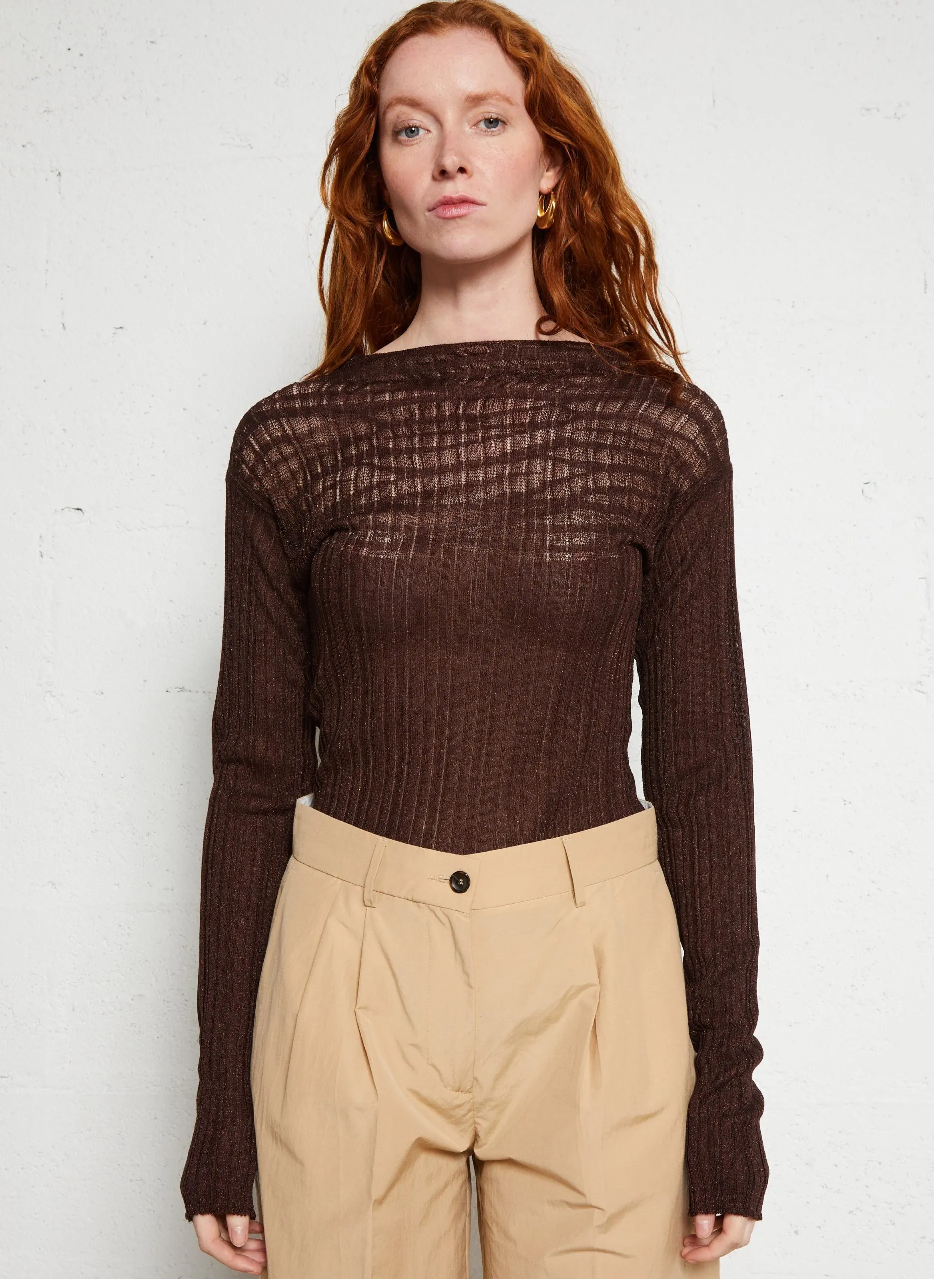 Top col bateau en maille côtelée Marron VIGO