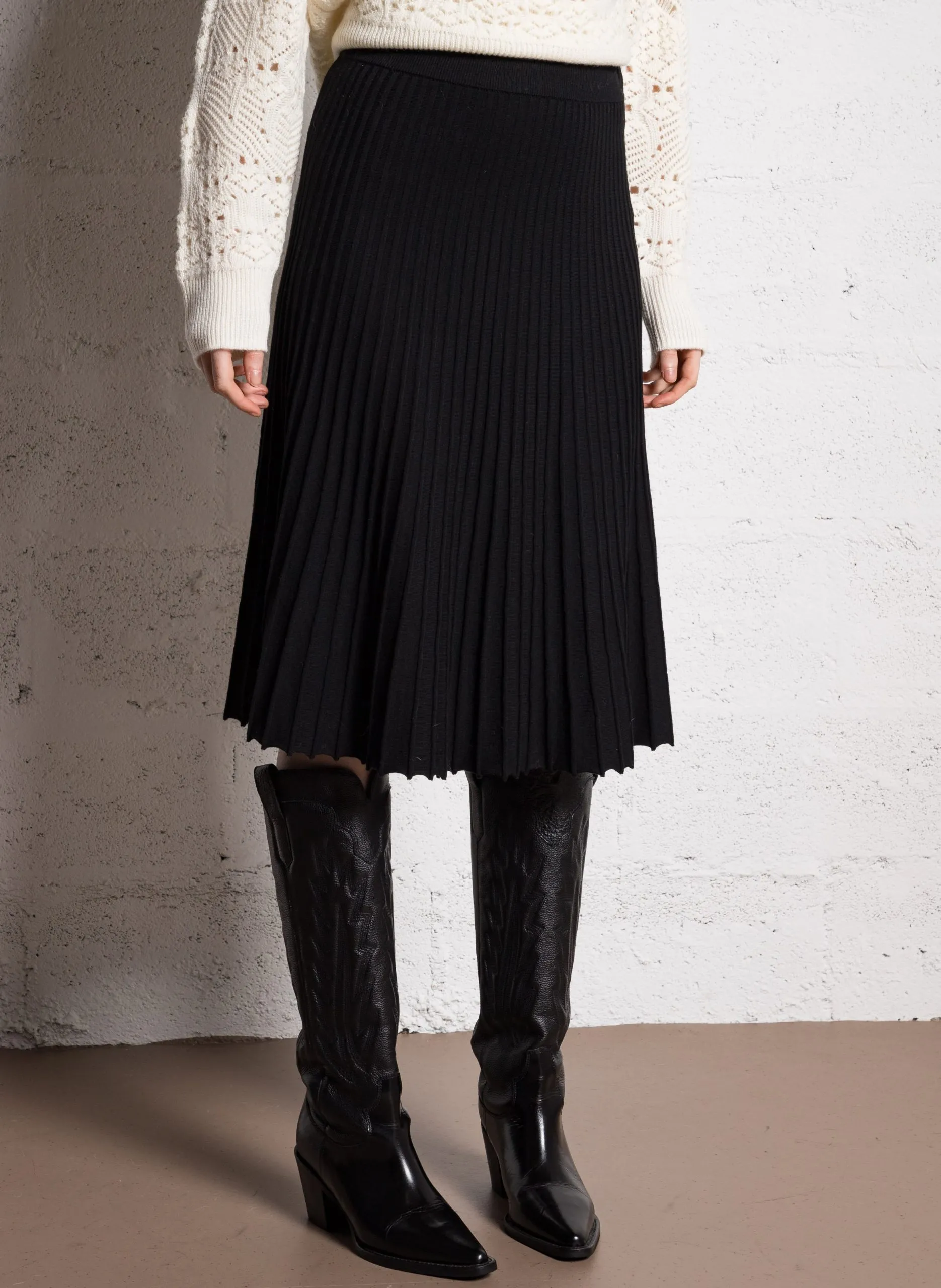 Jupe midi plissée en maille Noir ELISA