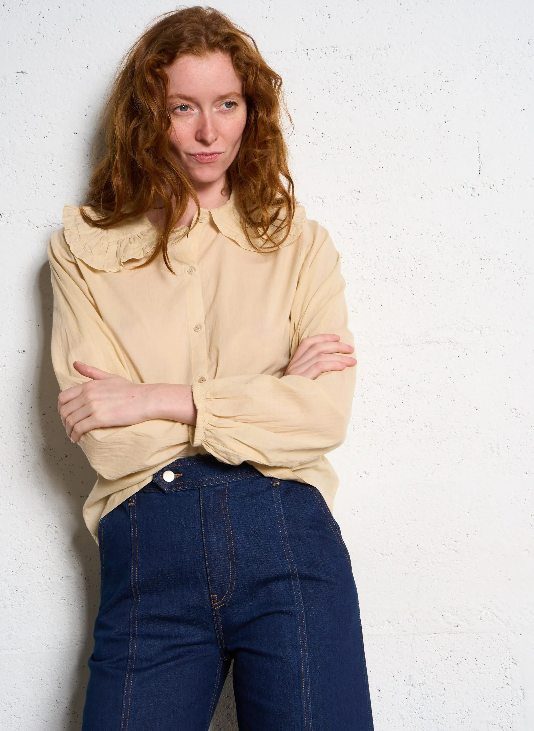 Chemise droite col classique en coton Beige