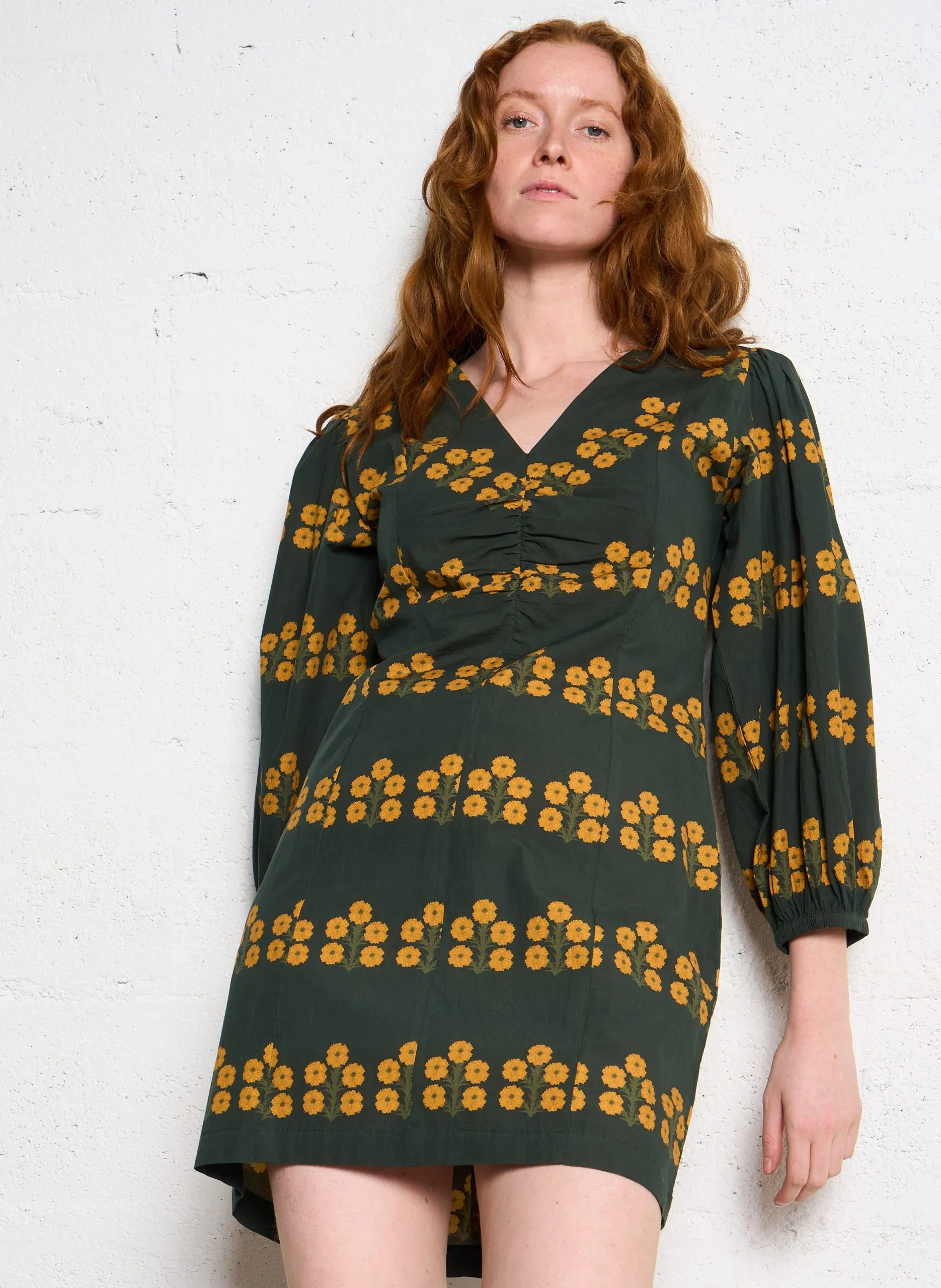 Robe midi imprimée en coton Kaki ASTER