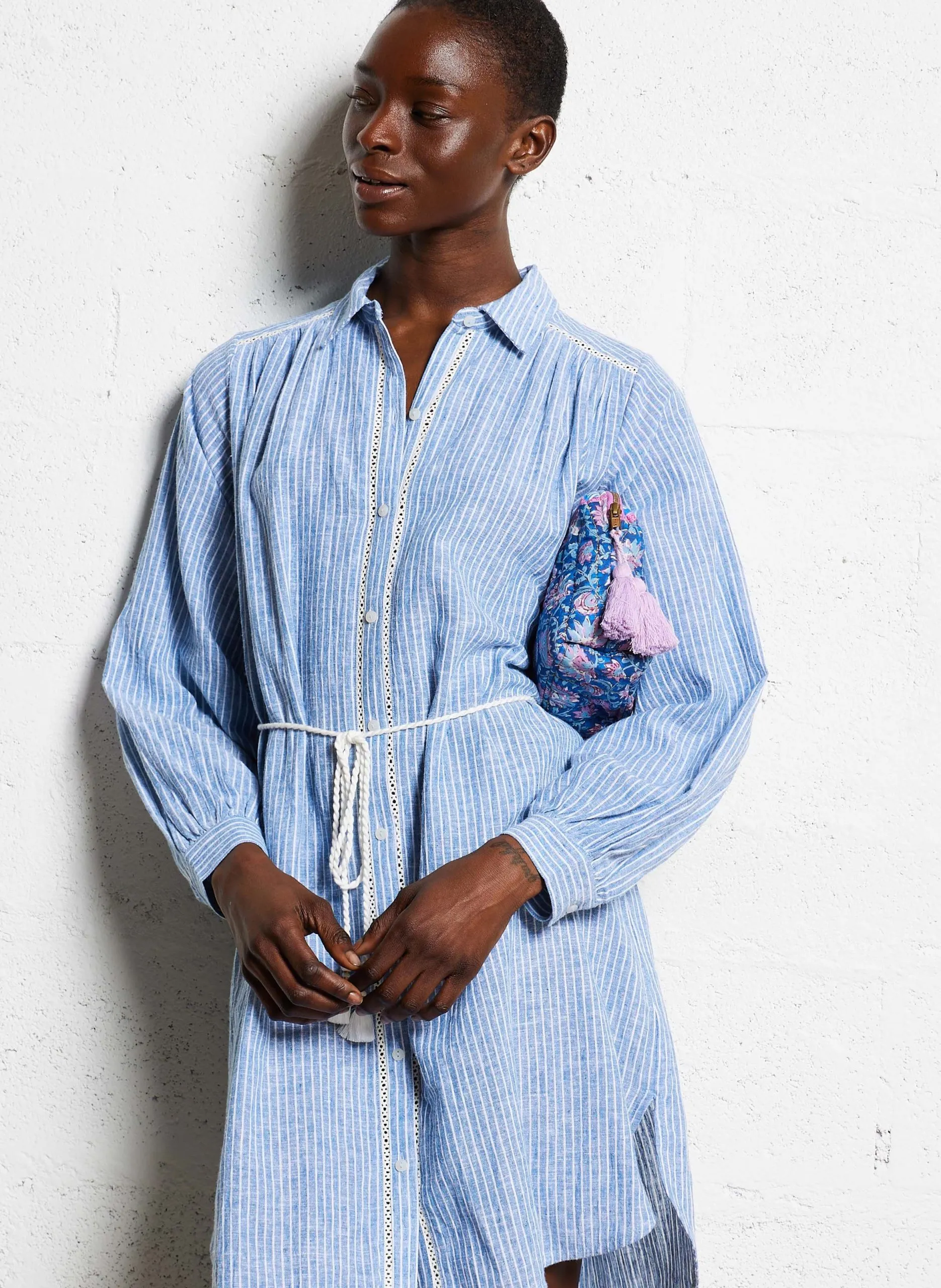 Robe midi rayée en coton bio Bleu IZZANA