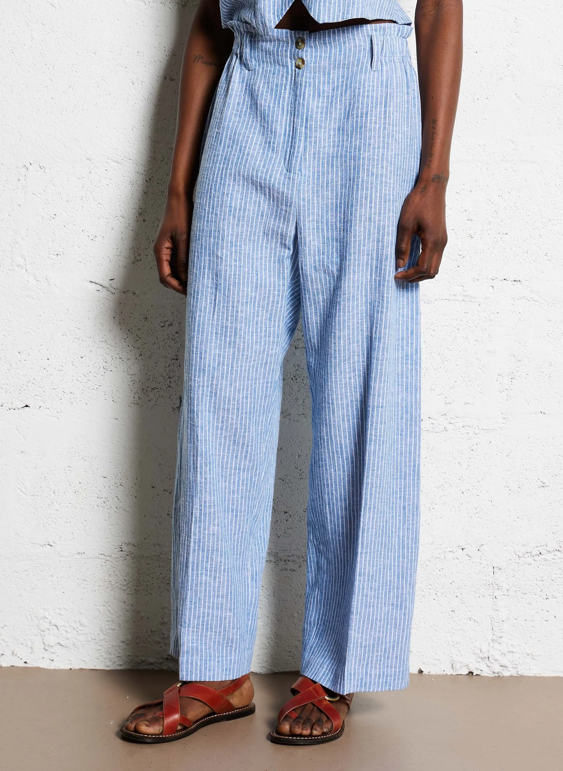 Pantalon large rayé en coton organique Bleu ABUELA