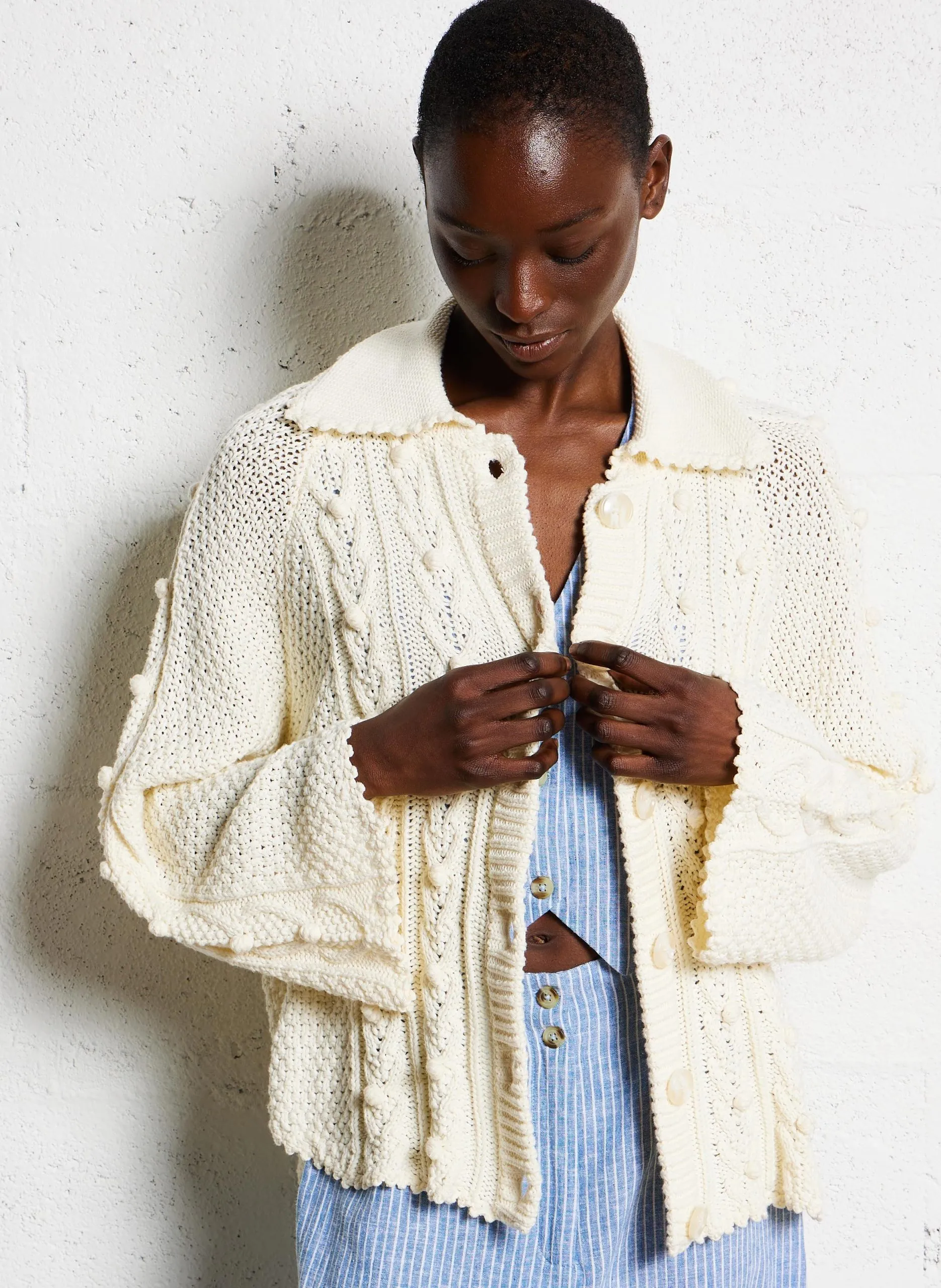 Gilet crochet ol chemise en coton bio Beige KHELLANE