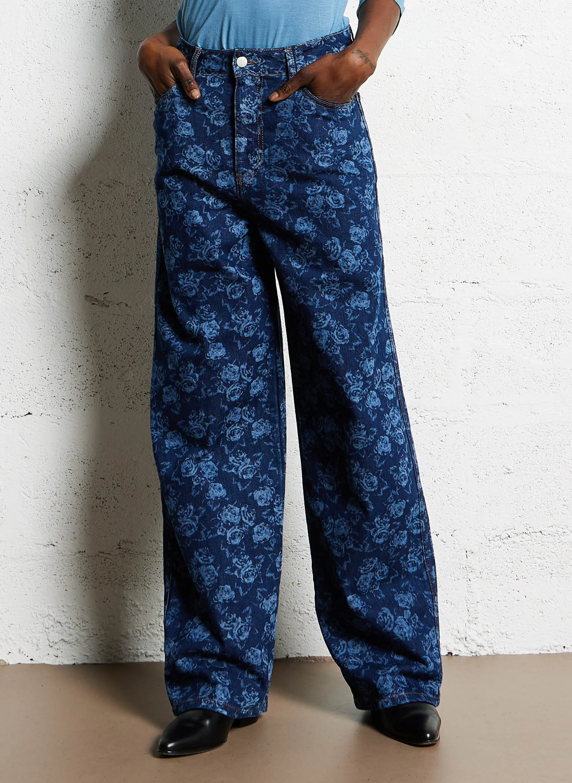 Jean large à motifs en coton Bleu BERTA ROSES