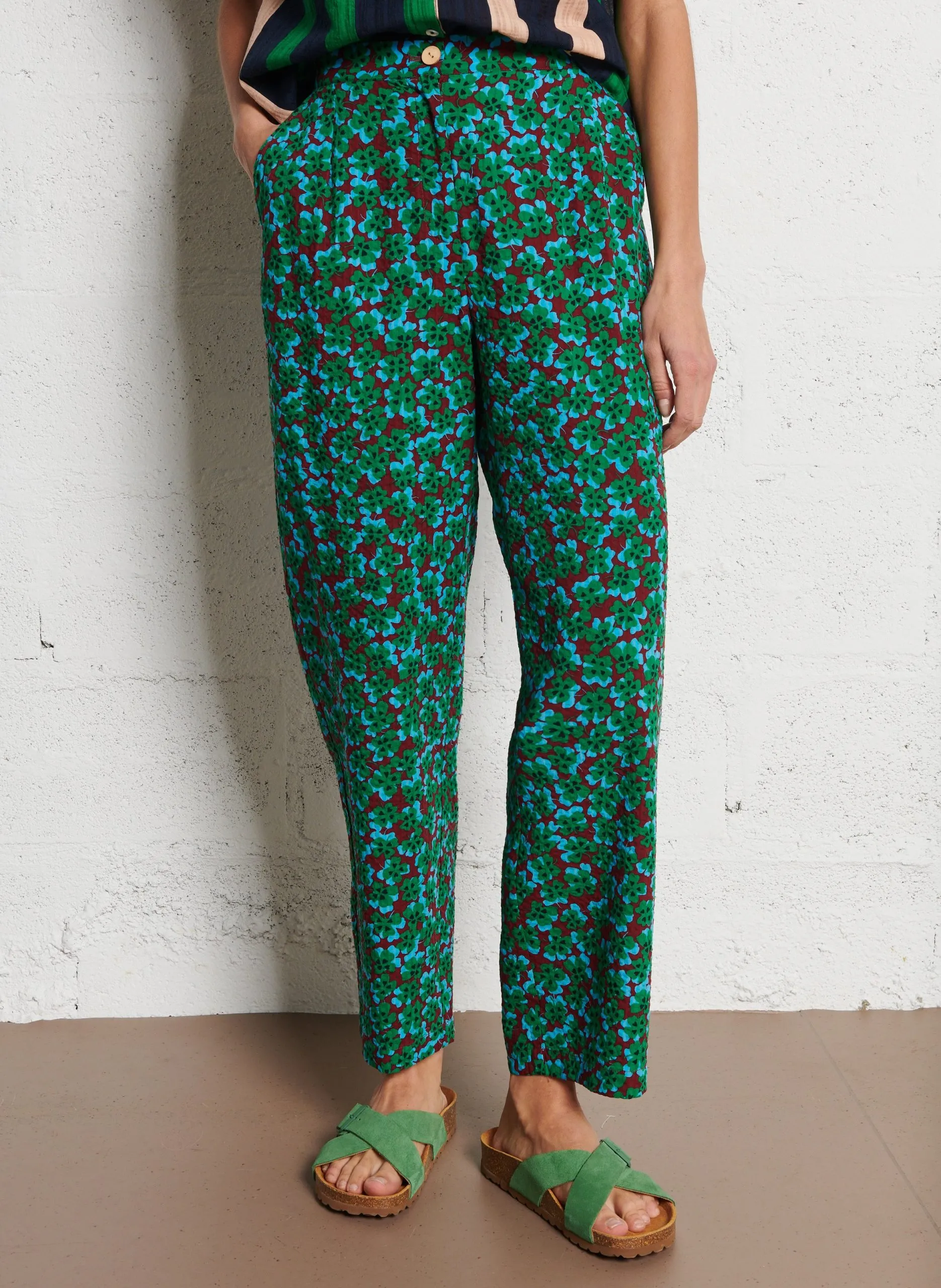 Pantalon droit imprimé en coton mélangé Prune