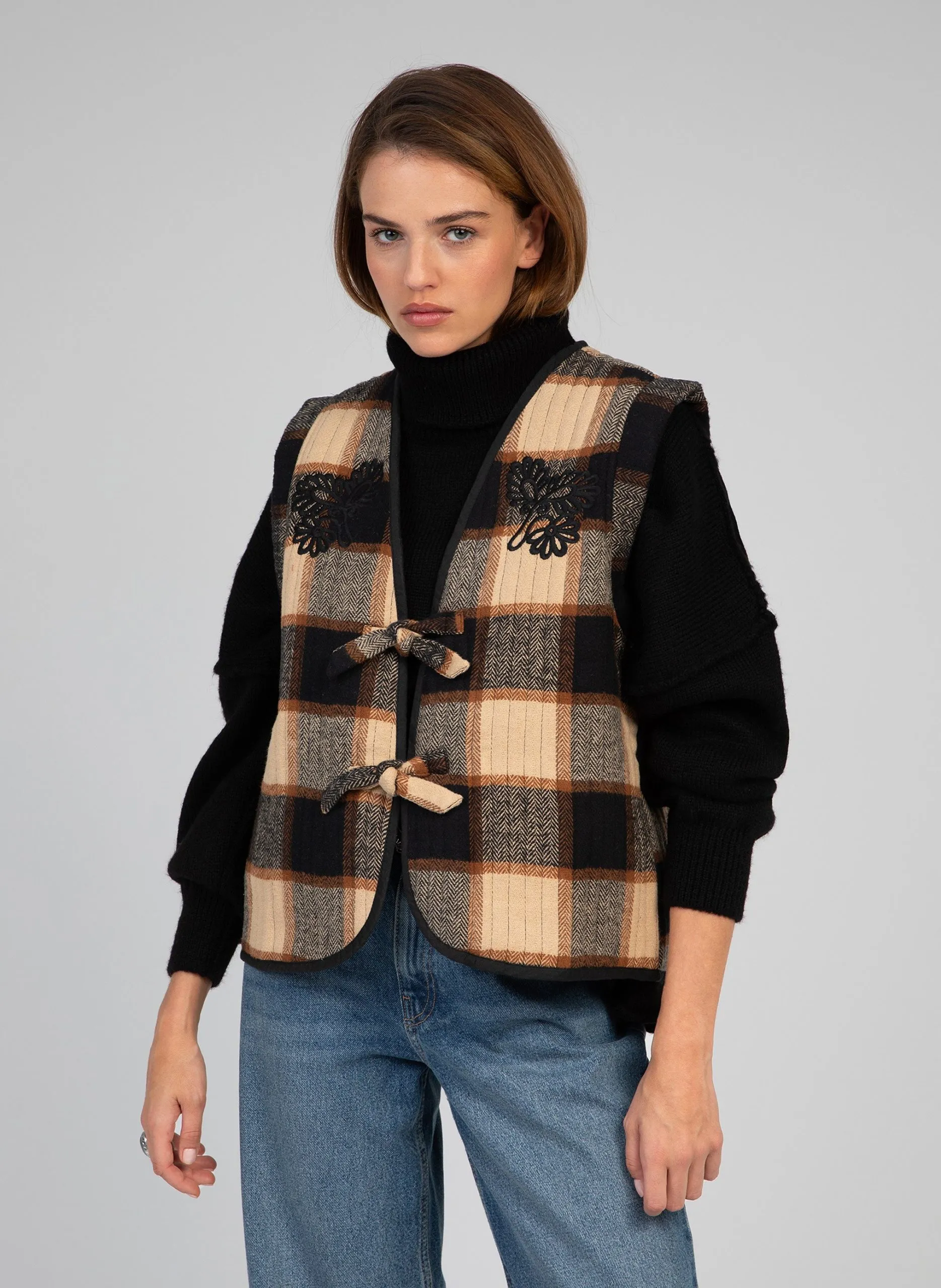 Veste ajustée en coton à carreaux Marron SALTANA