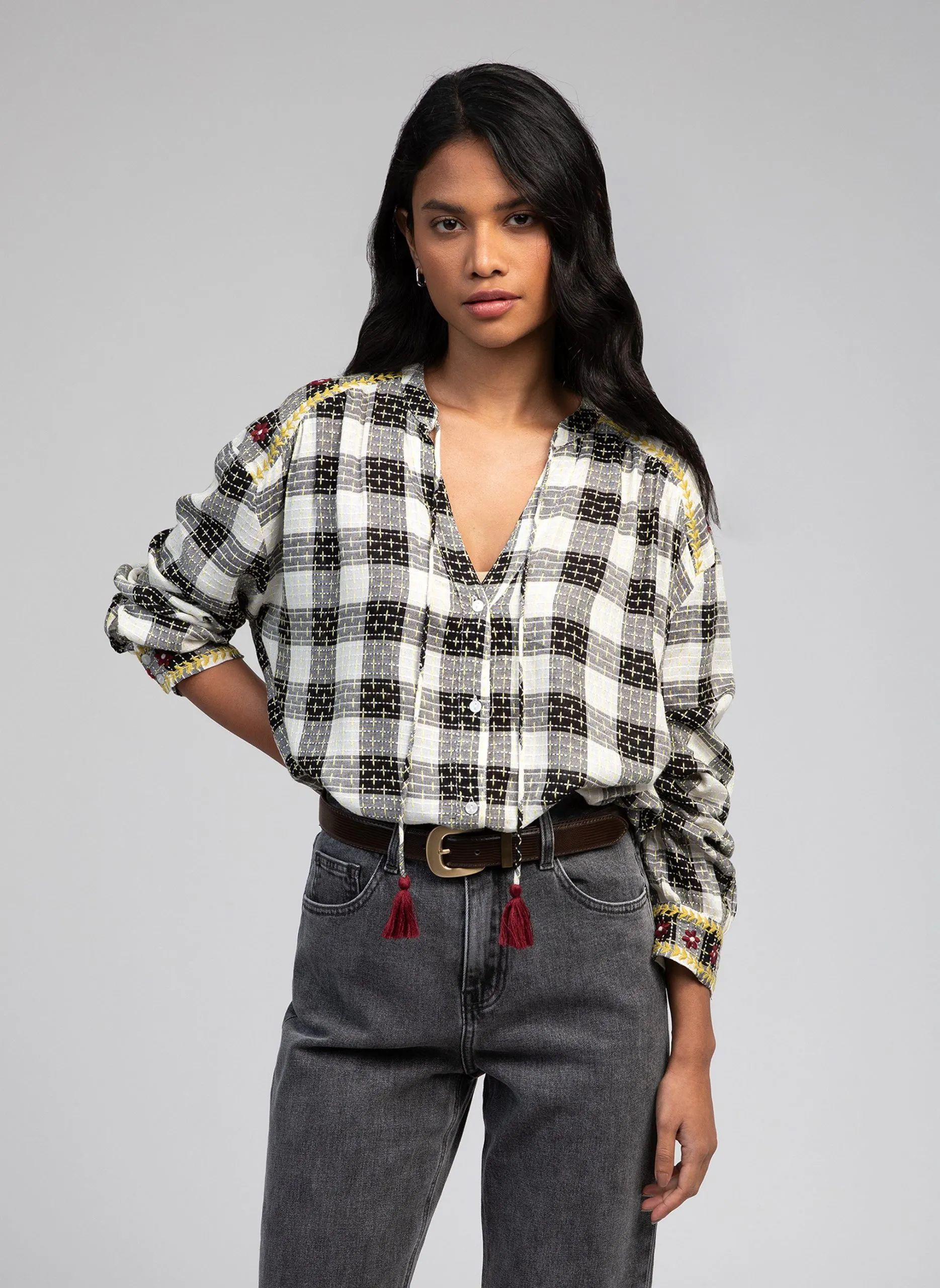 Blouse ample à carreaux Noir SOLANE