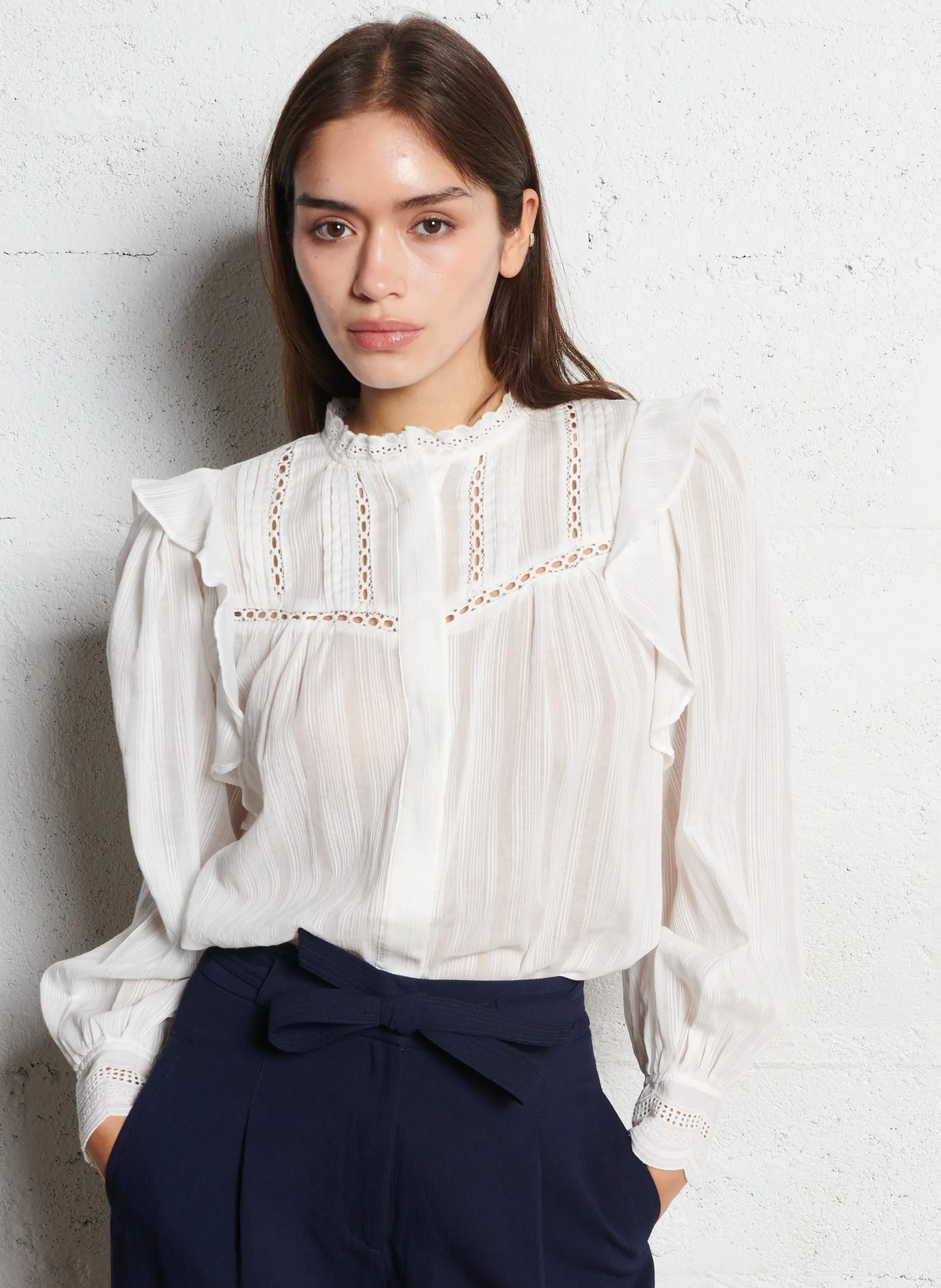 Blouse col rond en coton organique Beige LOFT