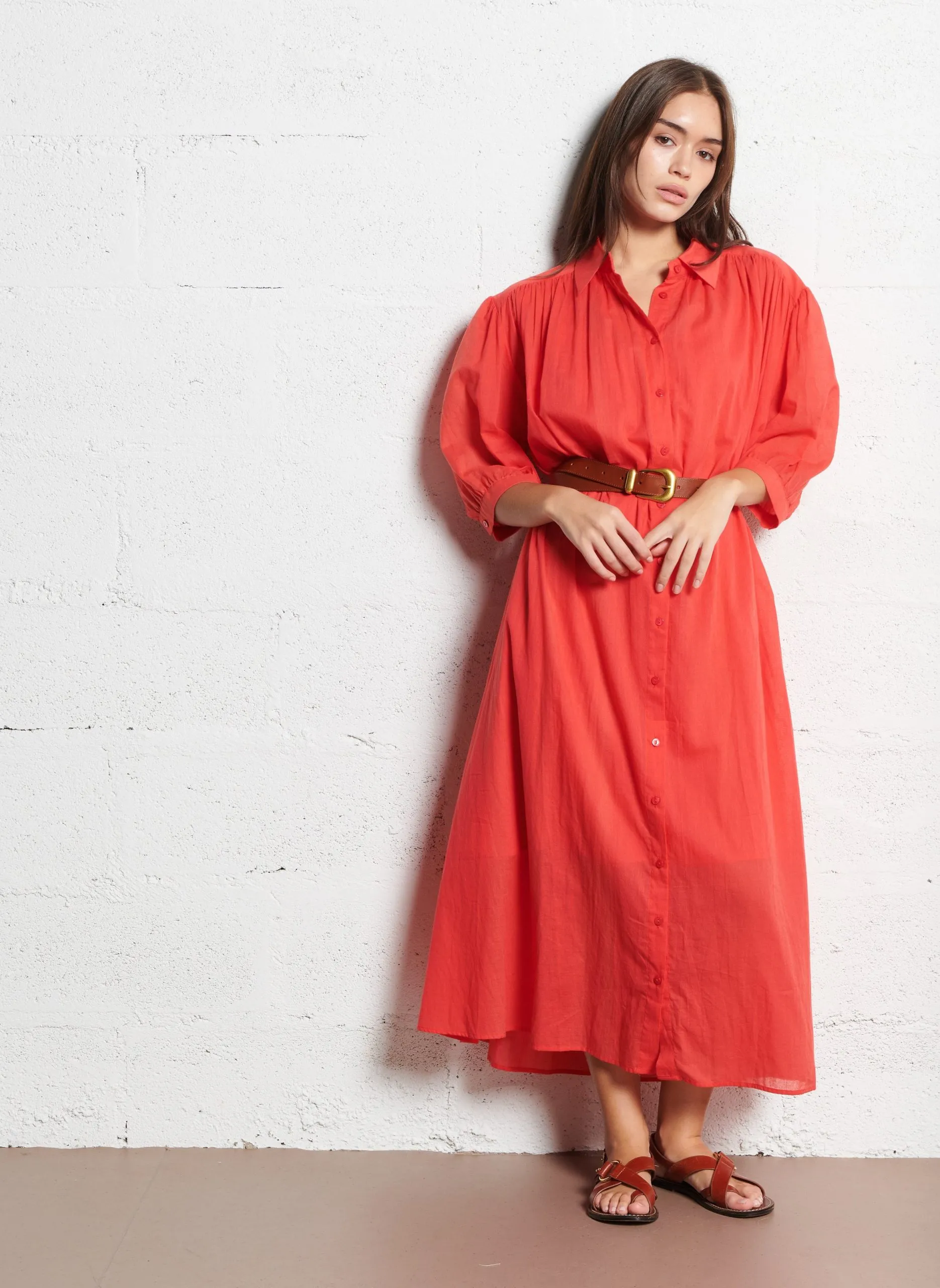 Robe hemise longue en coton bio Rouge CHARLY