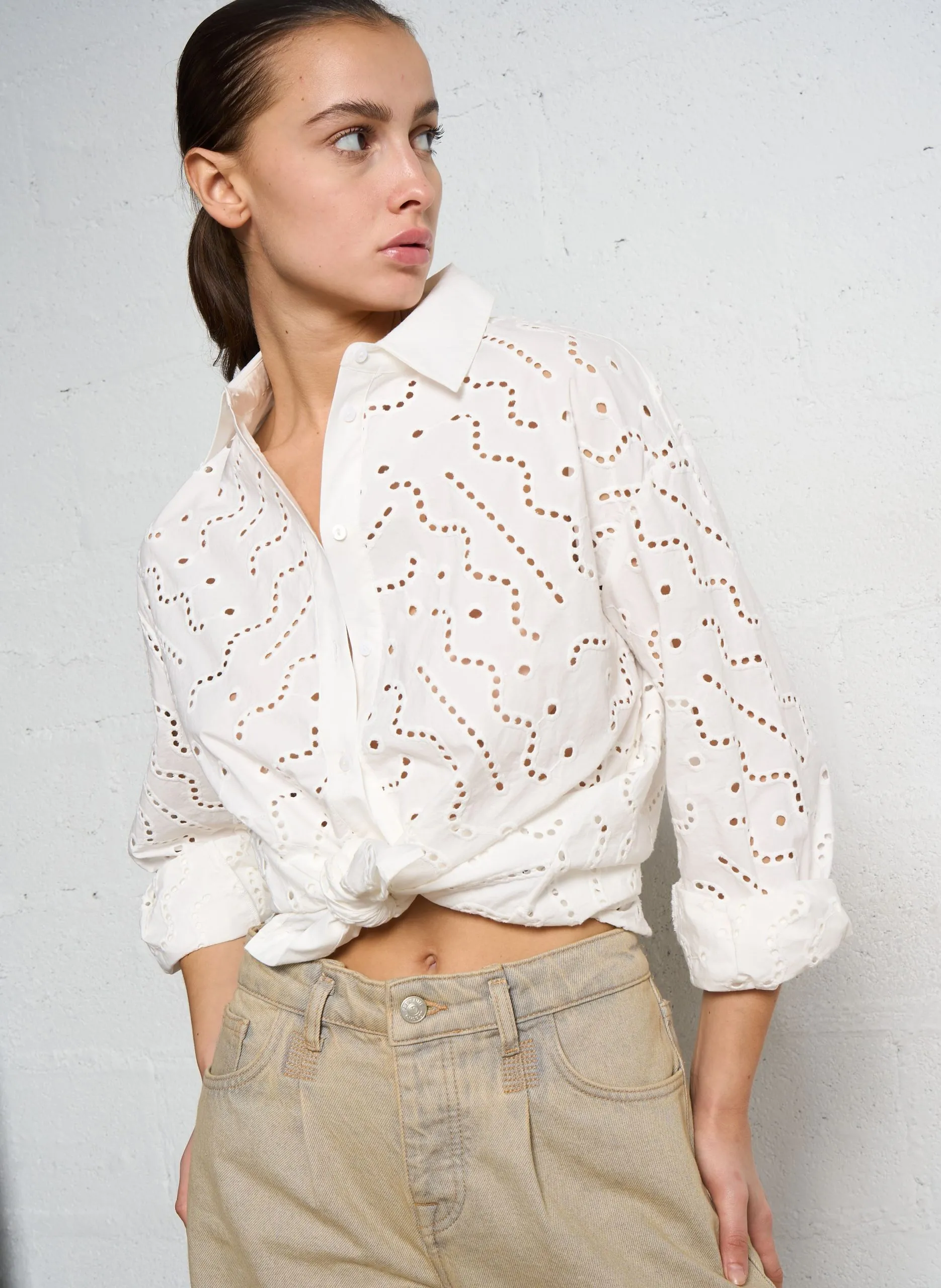 Chemise droite ajourée en coton bio Beige LOHAN