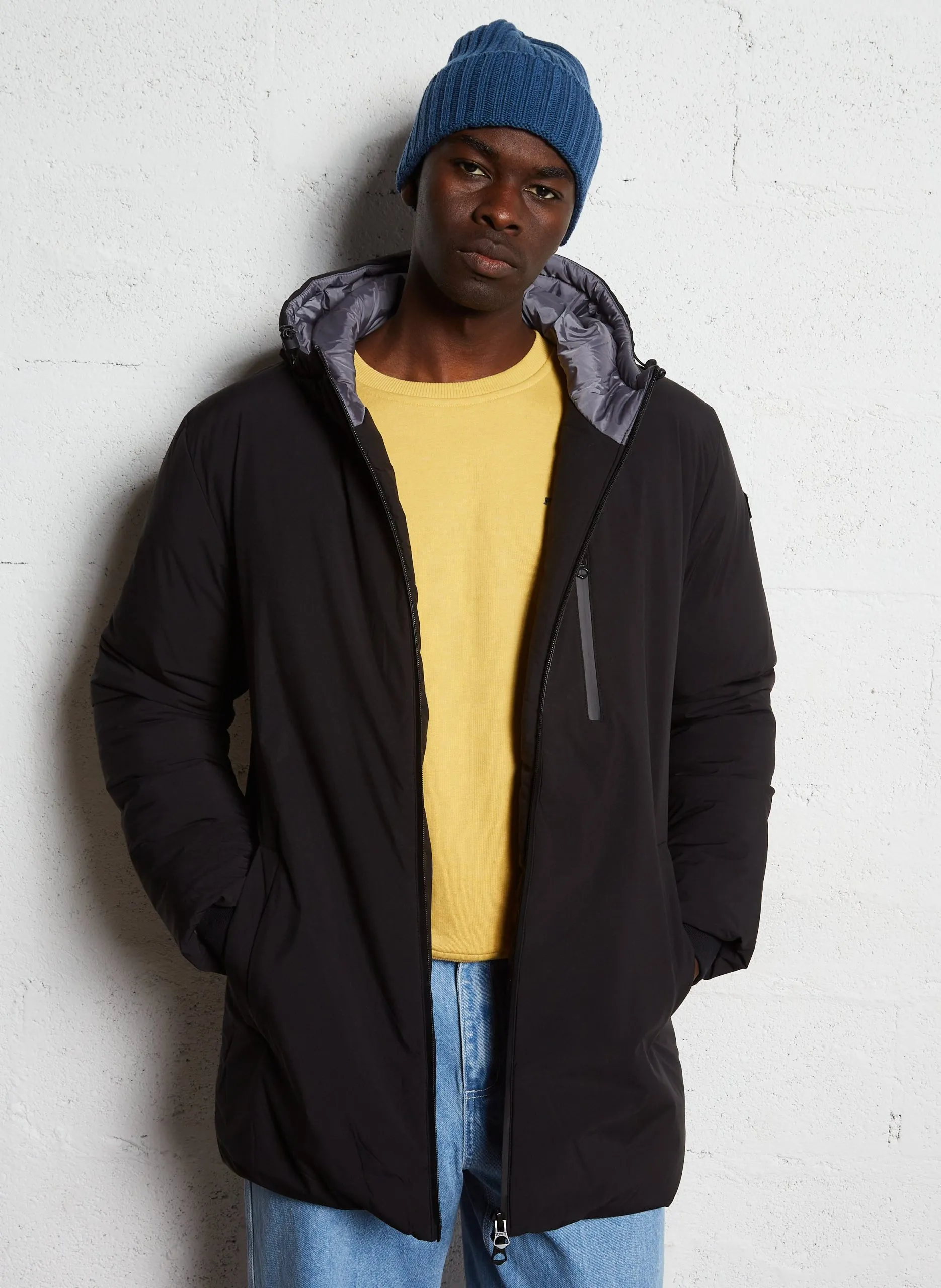 Parka longue droite à capuche Noir