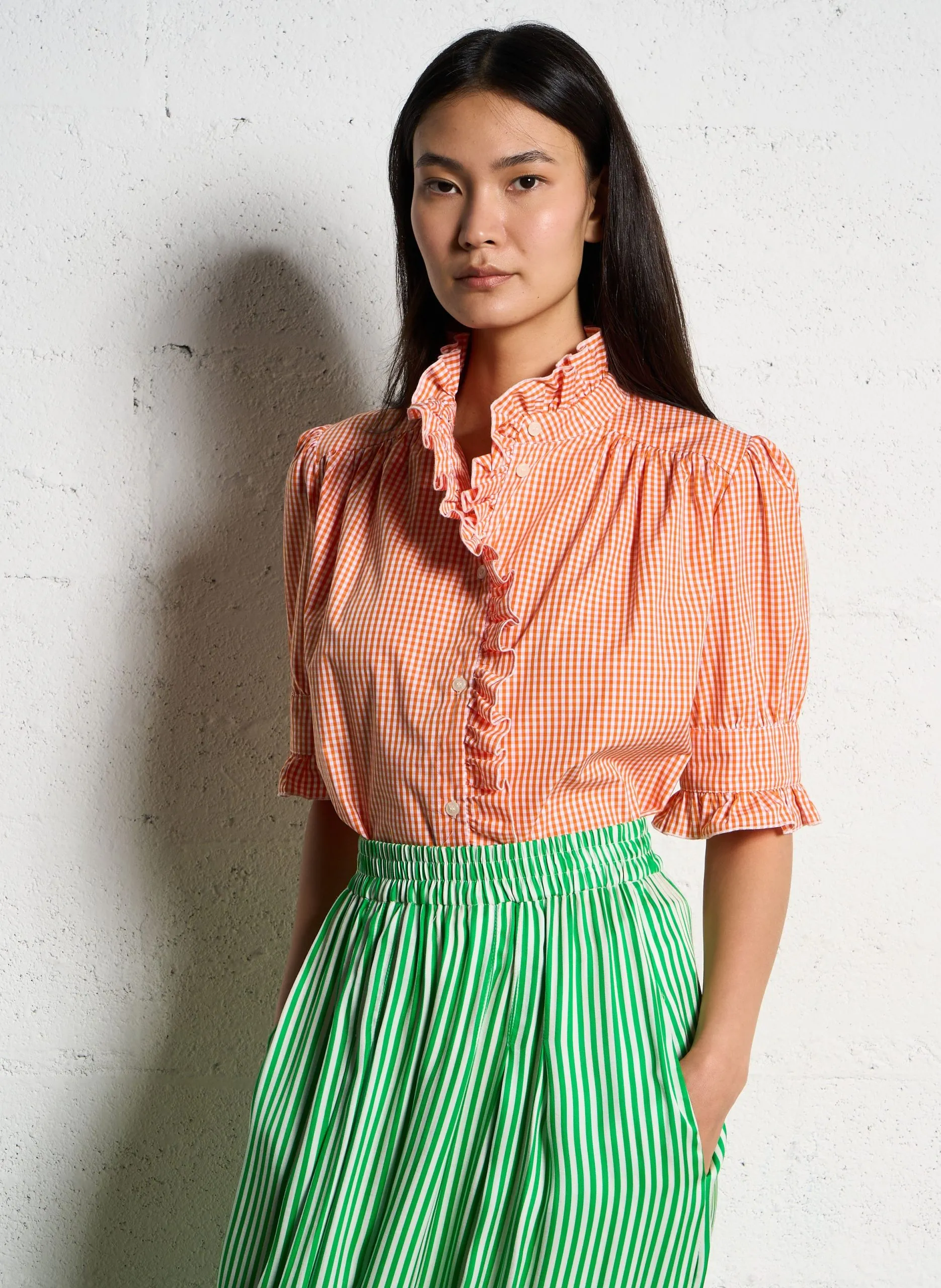 Top droit à carreaux en popeline de coton Orange LEONA