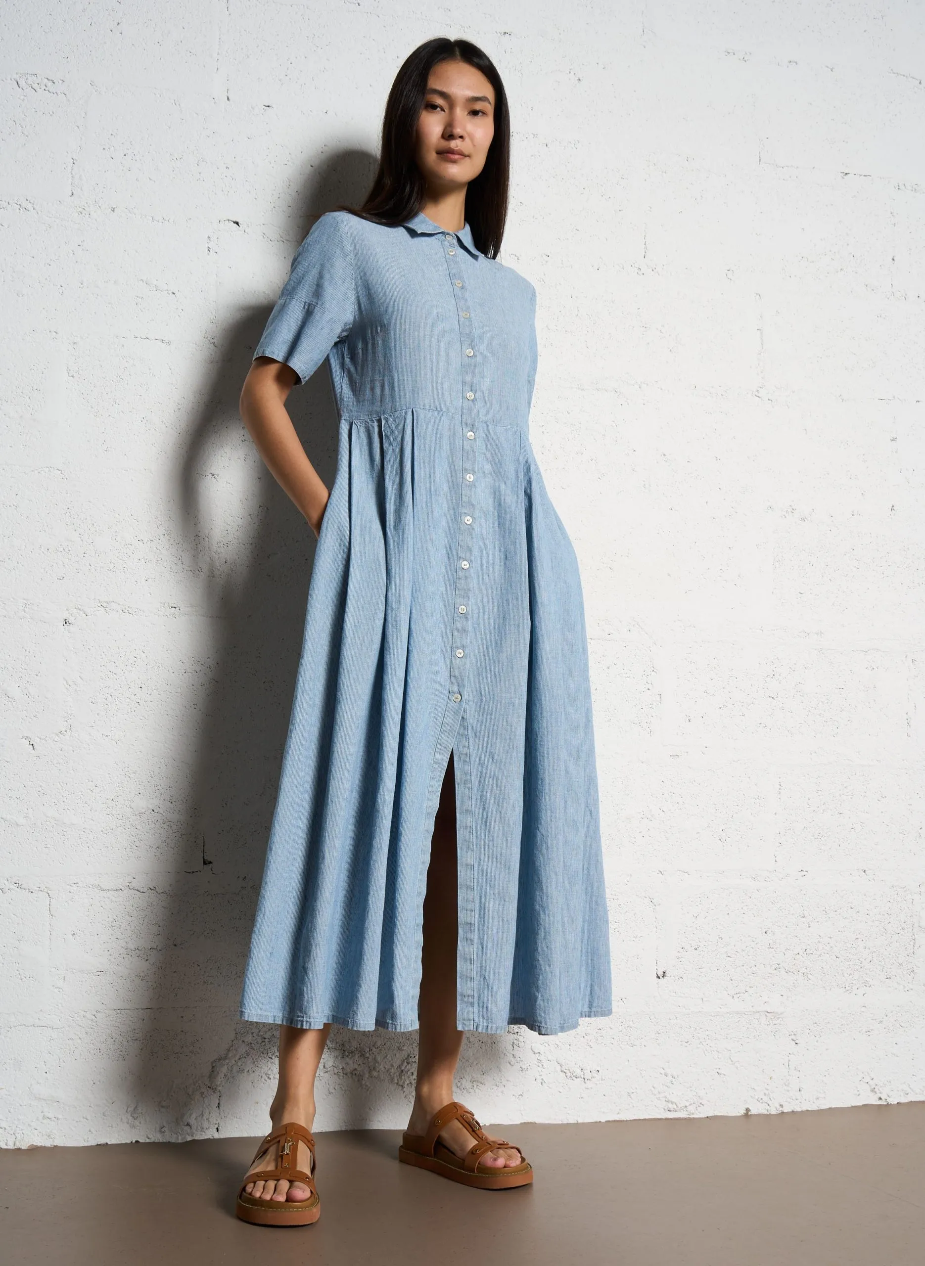 Robe chemise longue en lin mélangé Bleu VIKA