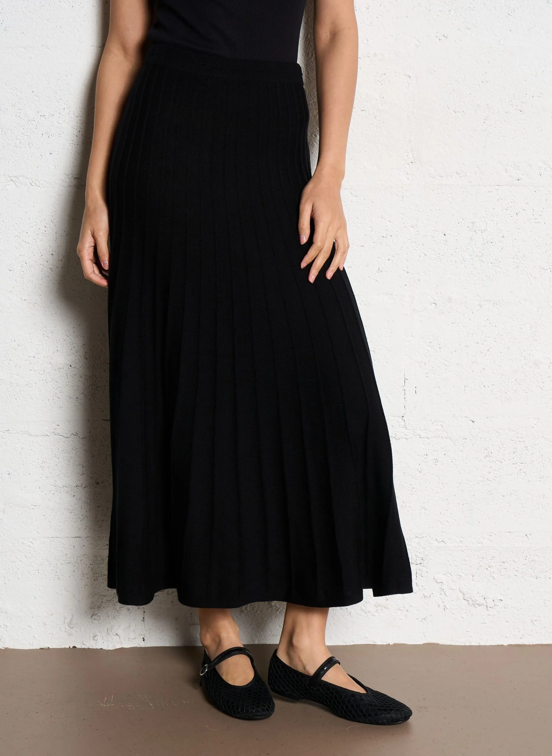 Jupe longue plissée en laine mélangée Noir JADA