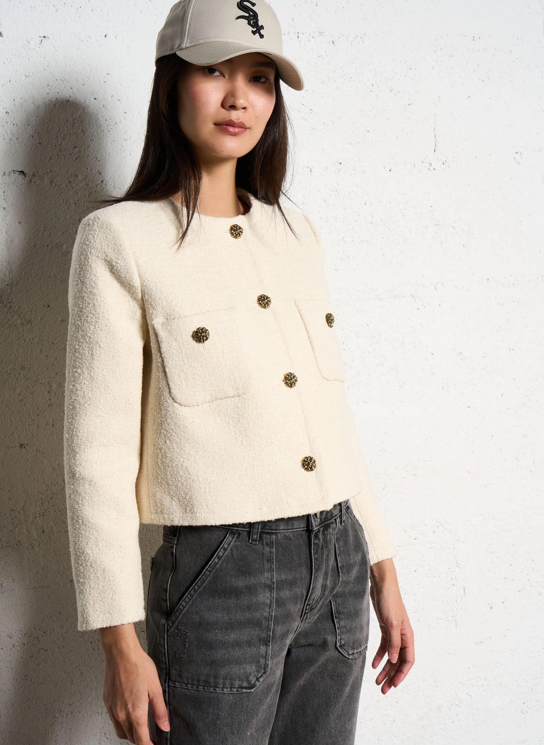 Veste col rond jacquard en coton mélangé Beige MEREDITH
