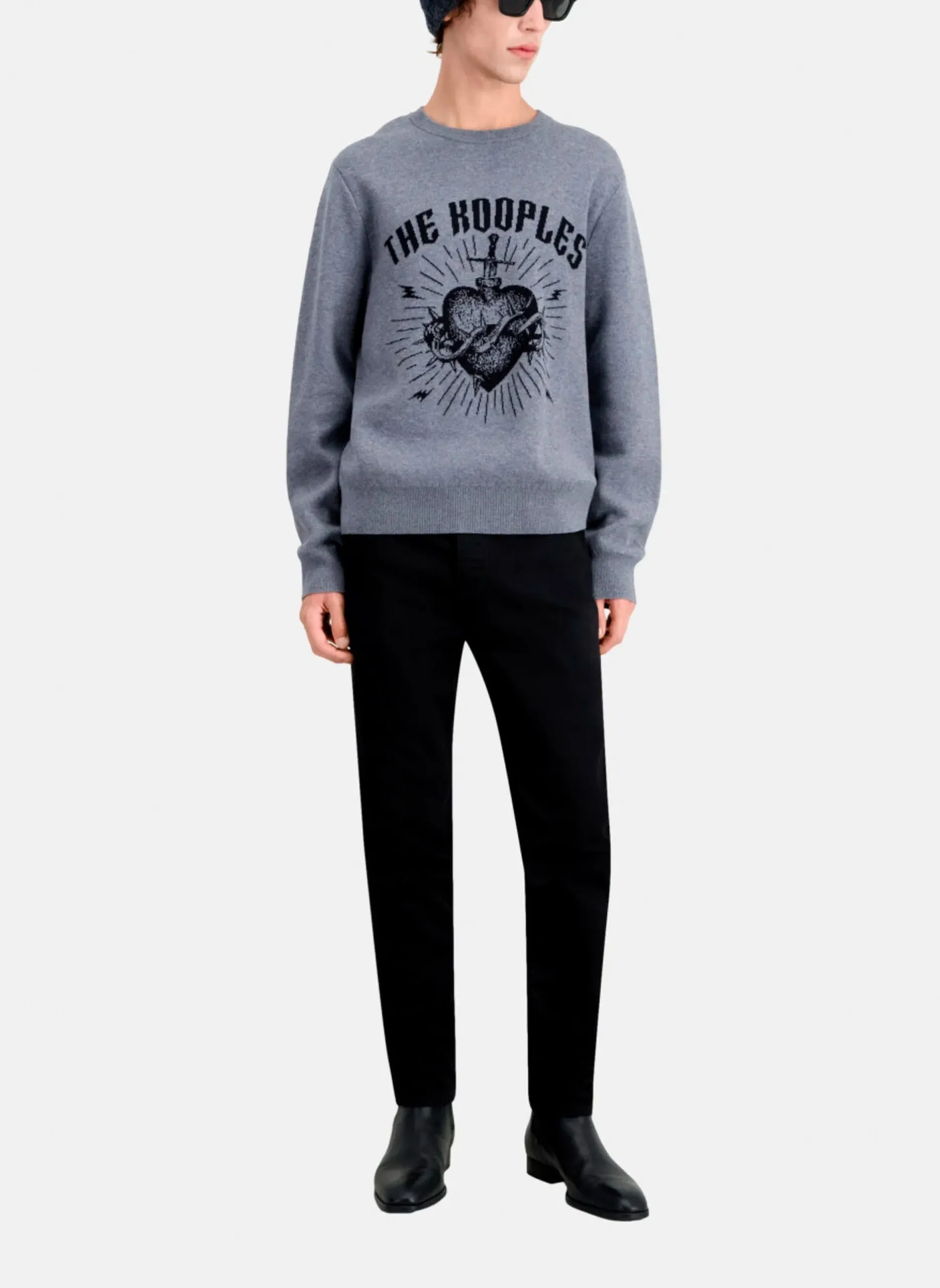 Pull col rond jacquard en laine mélangée Noir