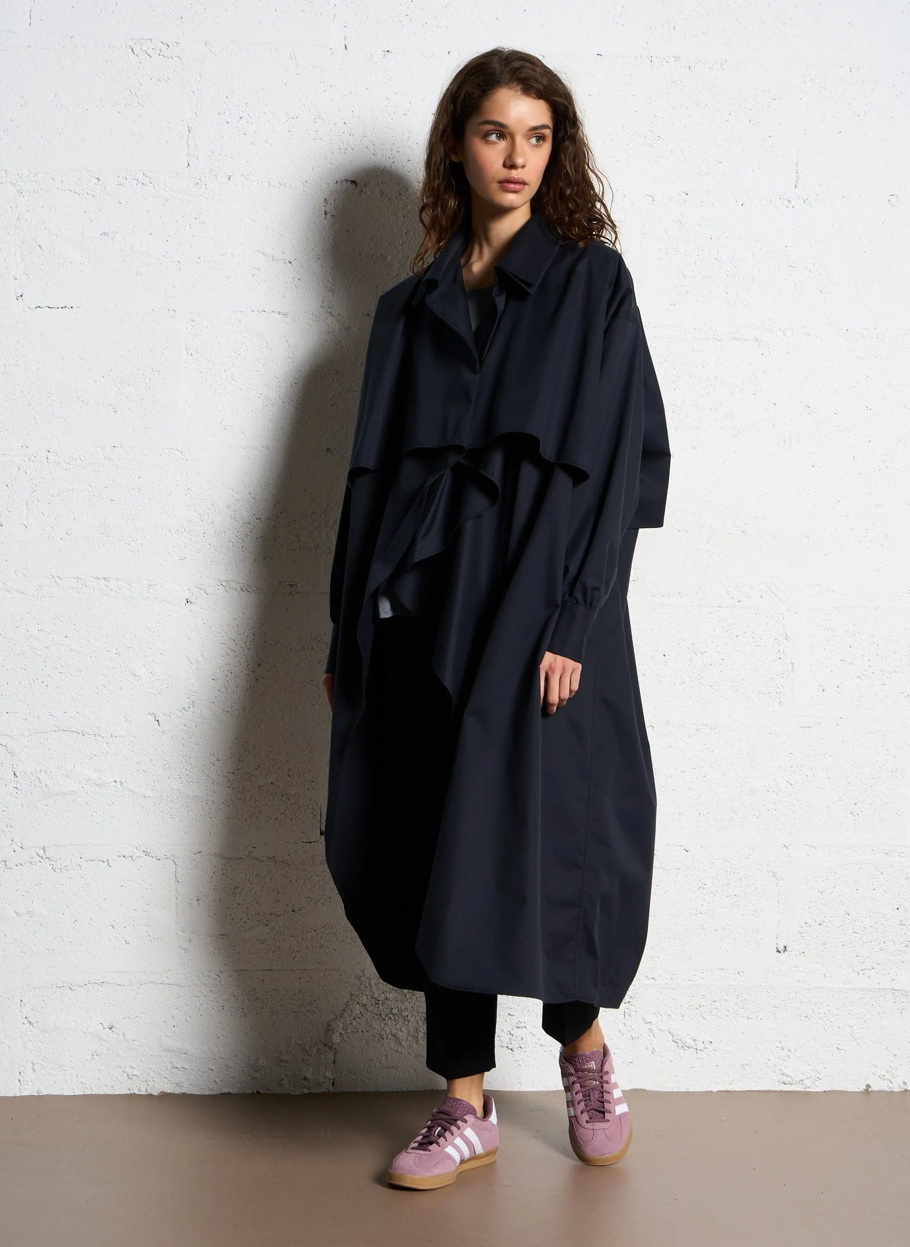 Robe chemise mi-longue à col déstructuré en coton Noir GEORGIA