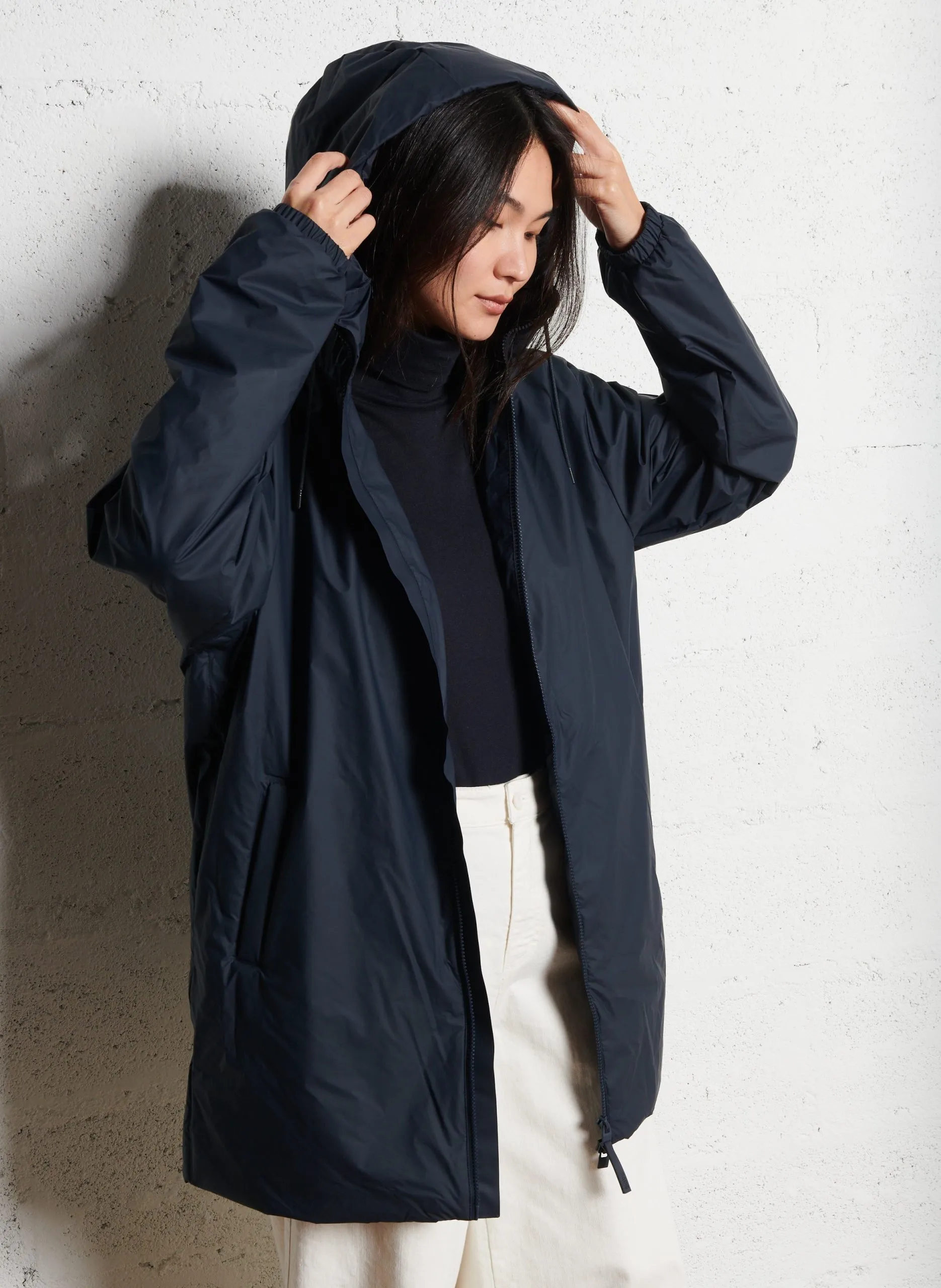 Imperméable col montant droit à capuche Bleu