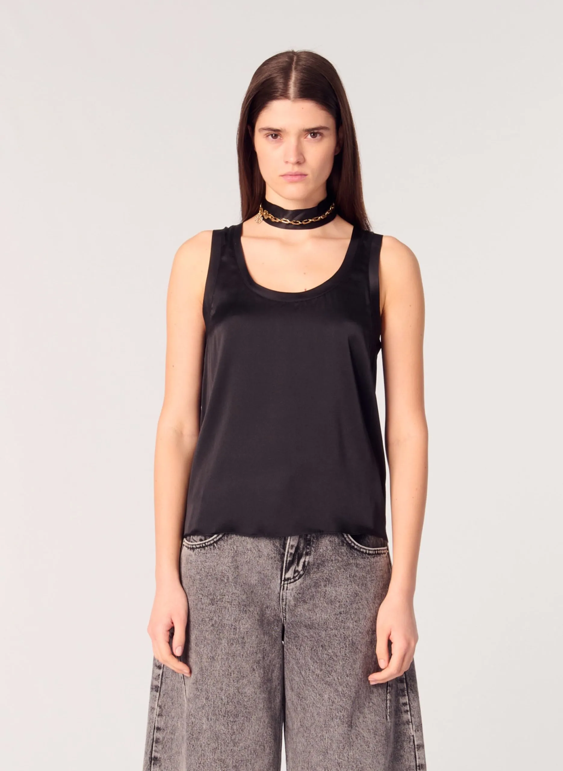Débardeur col rond droit en soie mélangé Noir